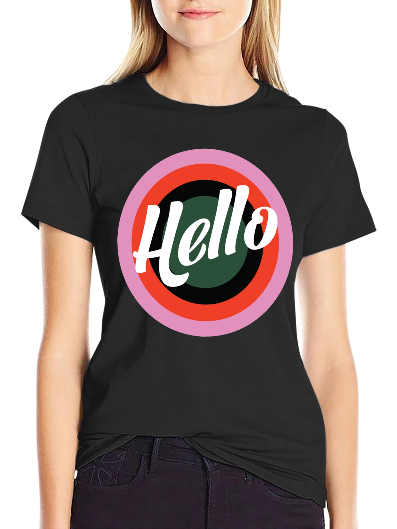 Black Hello Retro Graphic Tee - Stylish Casual T-Shirt view 2