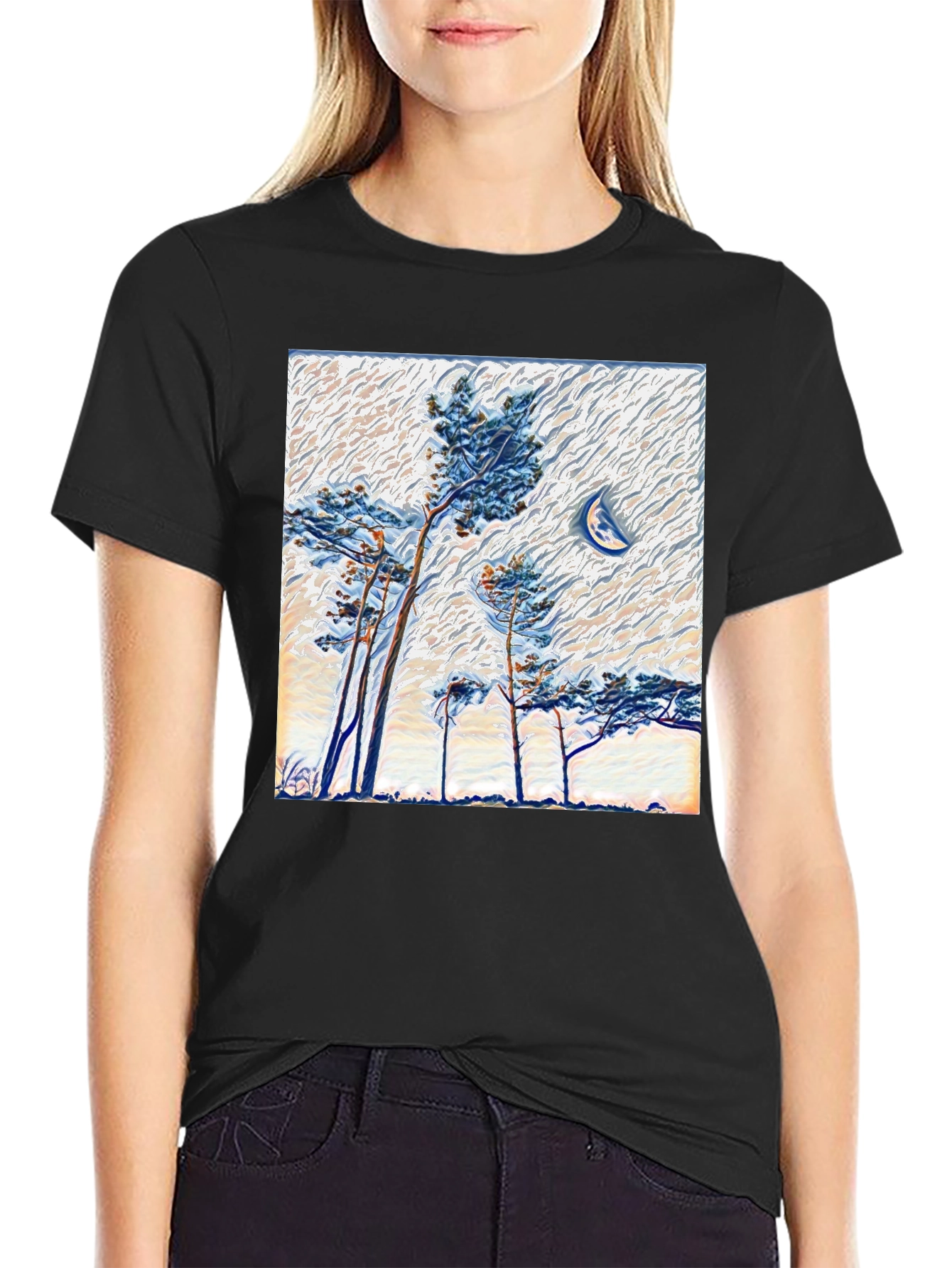 Black Artistic Trees and Moon Graphic Tee view 2