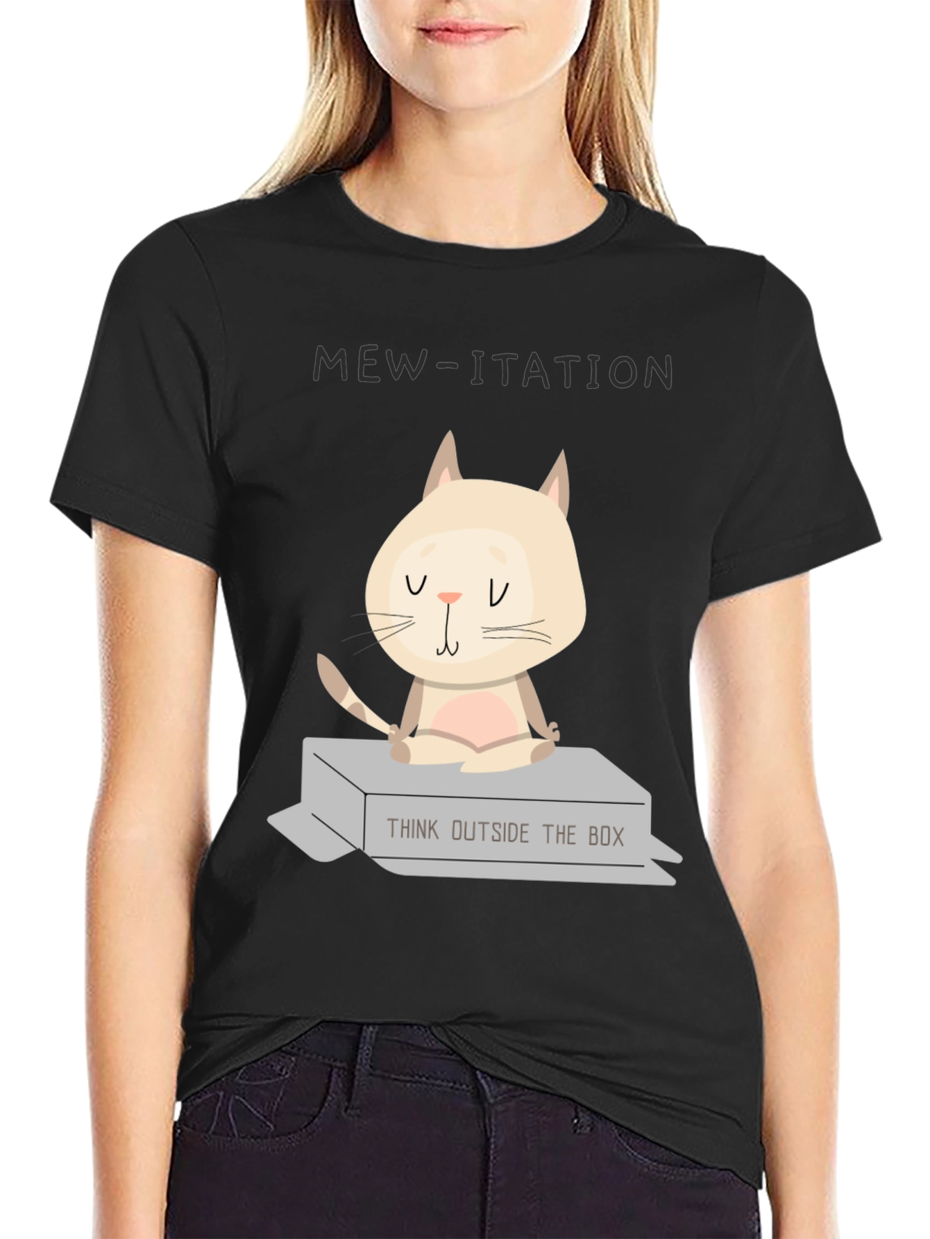 Black Mew-ditation Cat Graphic T-Shirt: Think Outside the Box view 2