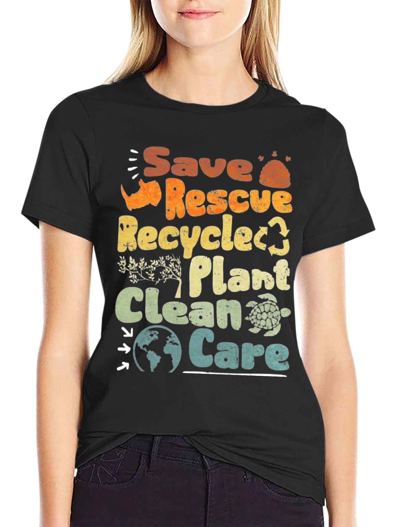 Black Eco-Friendly 'Save Rescue Recycle' Graphic T-Shirt view 2