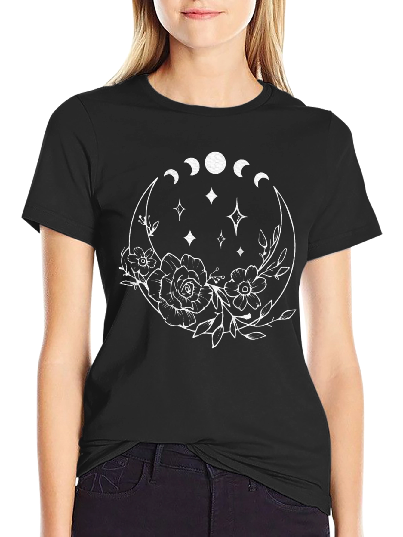 Black Moon Phase Floral Graphic T-Shirt - Celestial Design view 2