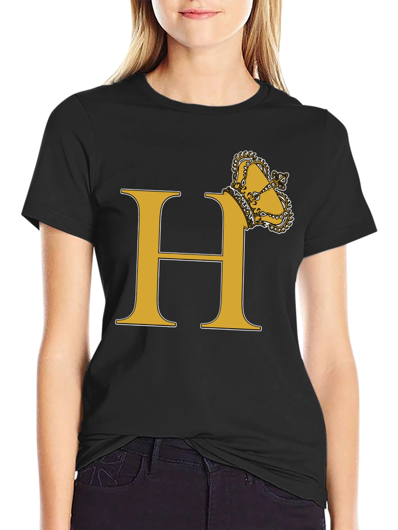Black Crown Initial "H" T-Shirt - Stylish Monogram Tee view 2