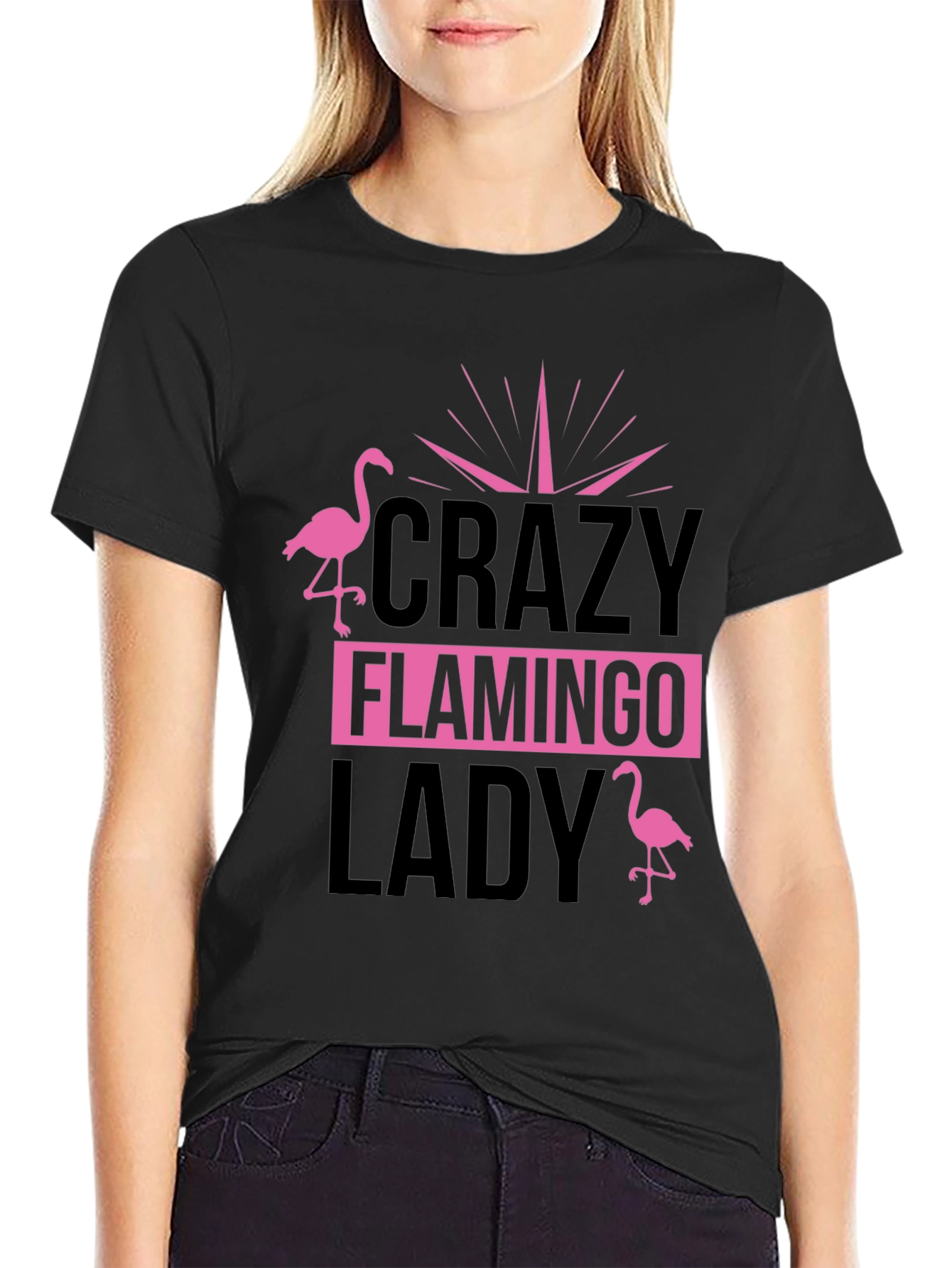 Black Crazy Flamingo Lady T-Shirt - Black Cotton Tee view 2