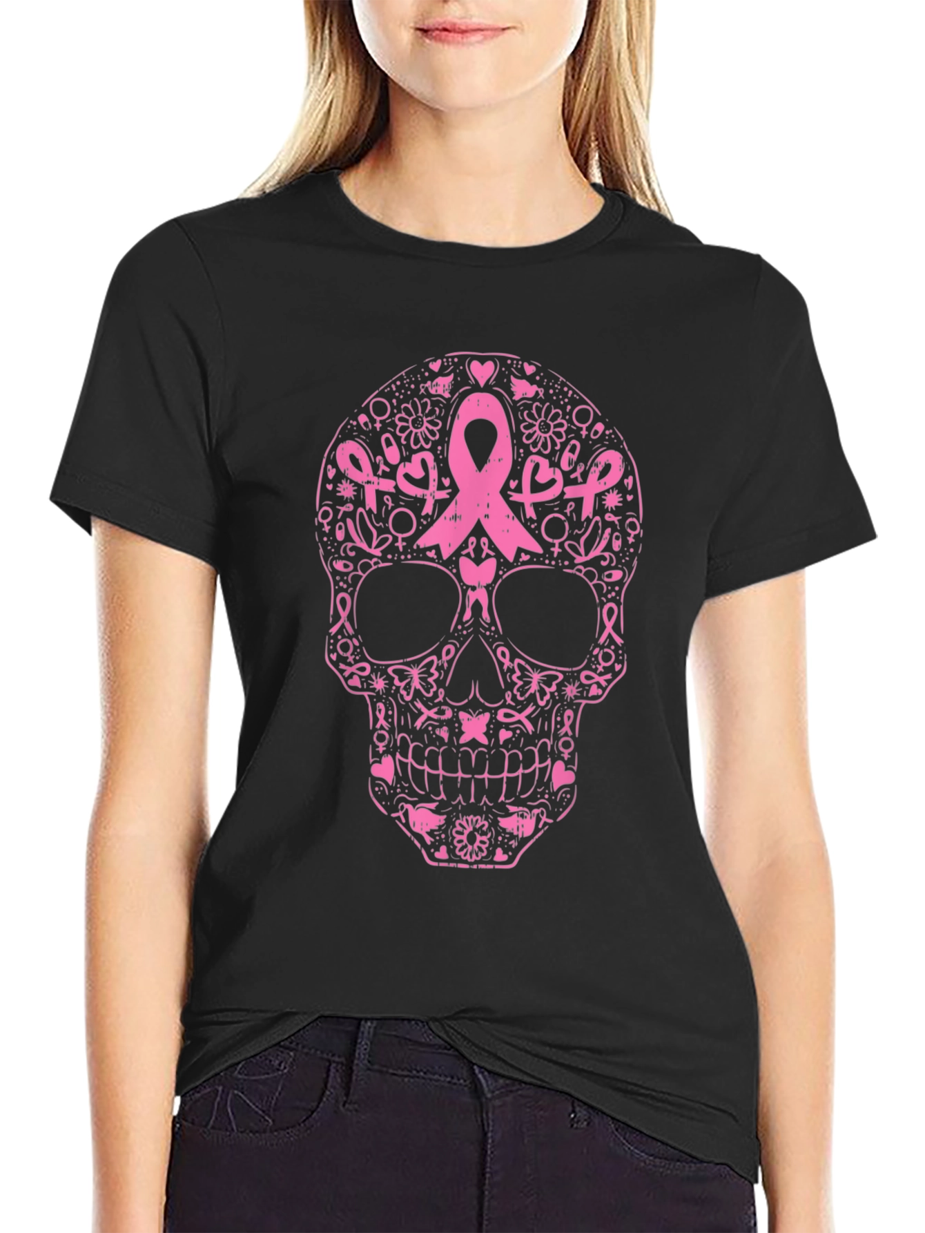 Black Pink Ribbon Skull Graphic Tee - Breast Cancer Awareness view 2