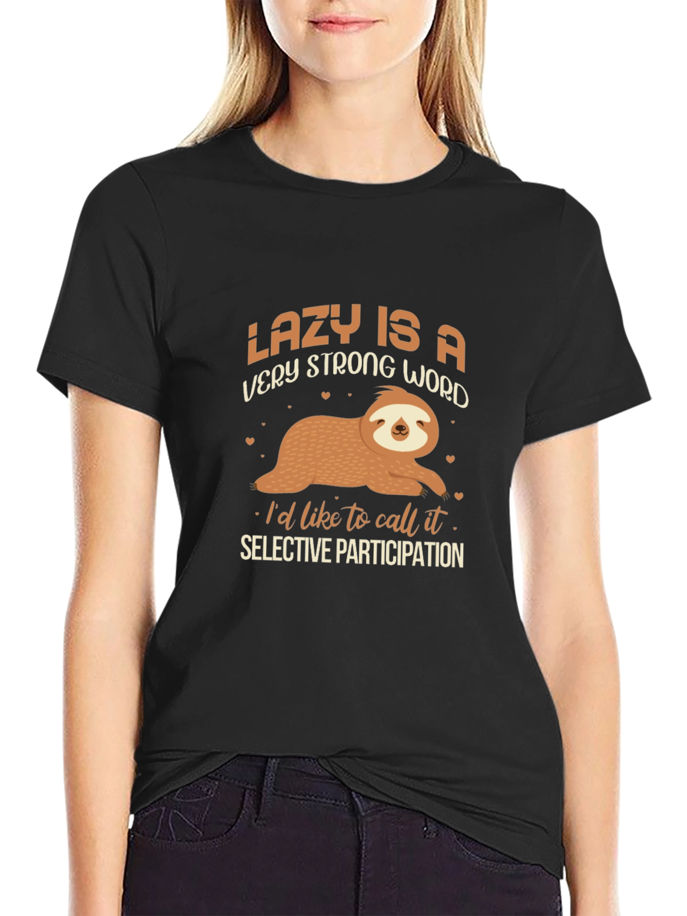 Black Lazy Sloth Graphic T-Shirt - Selective Participation view 2