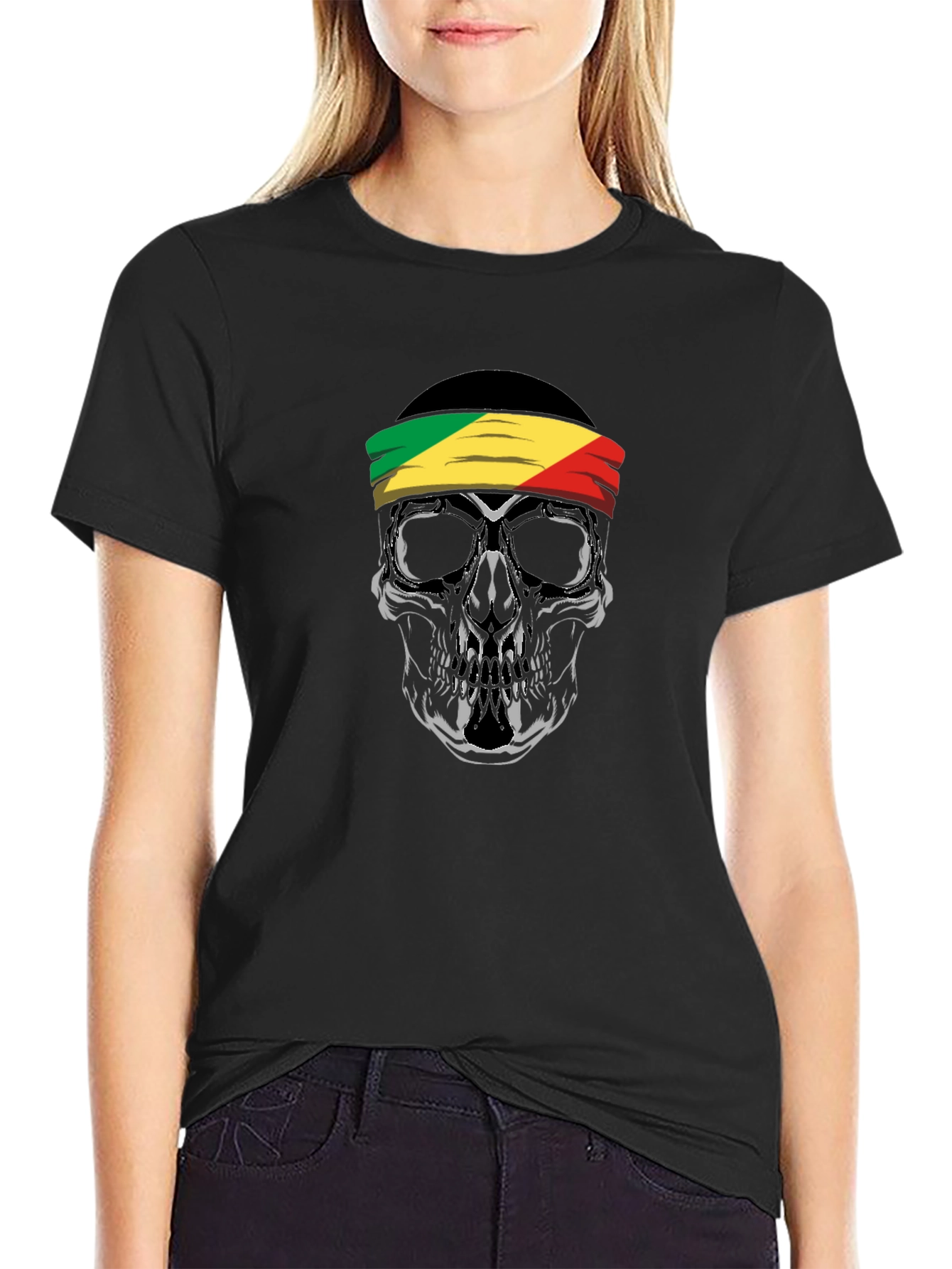 Black Skull Headband T-Shirt - Republic of Congo view 2