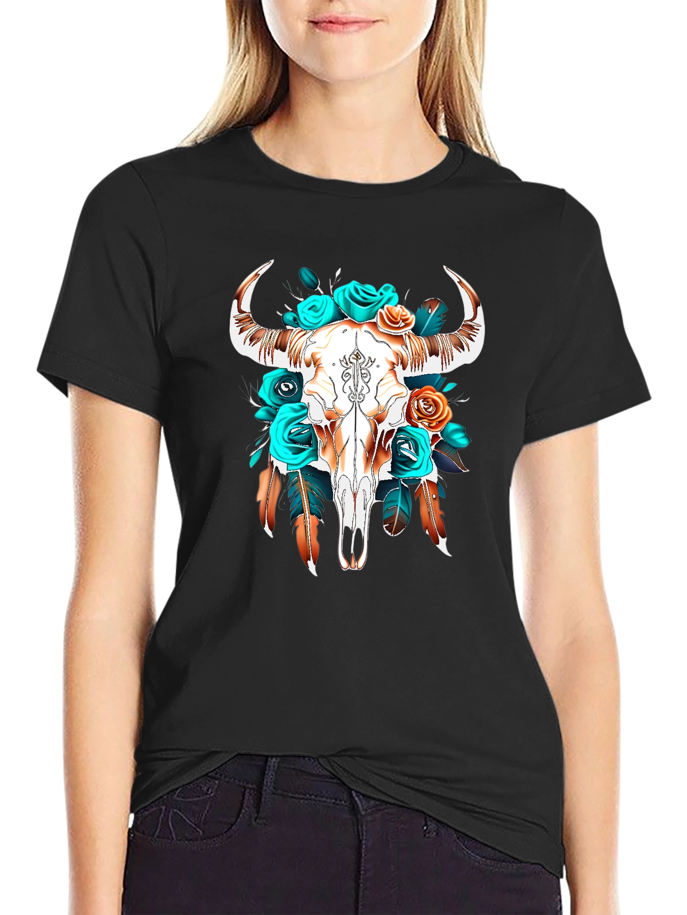 Black Boho Bull Skull Graphic Tee view 2