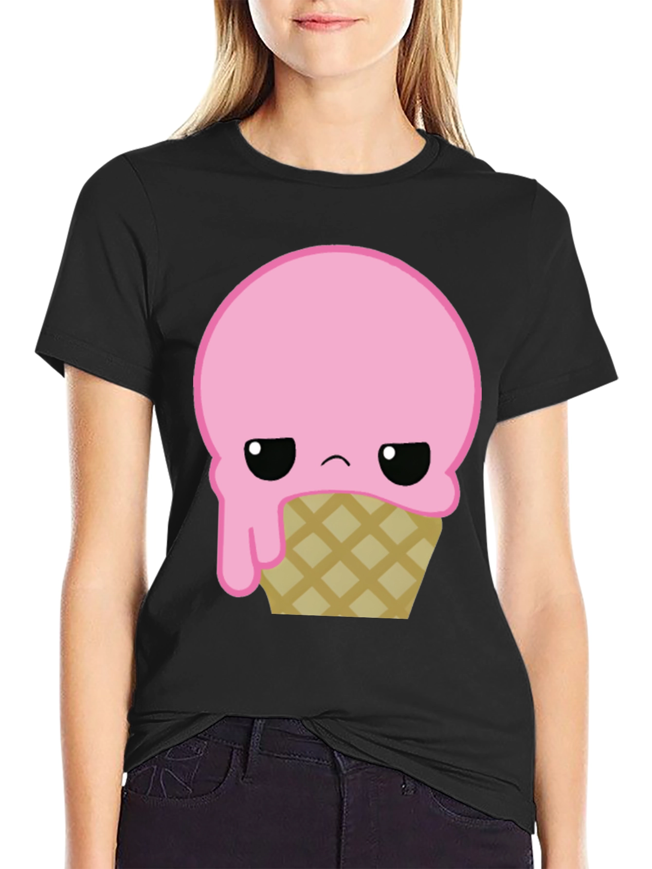 Black Sad Ice Cream Cone Graphic T-Shirt view 2