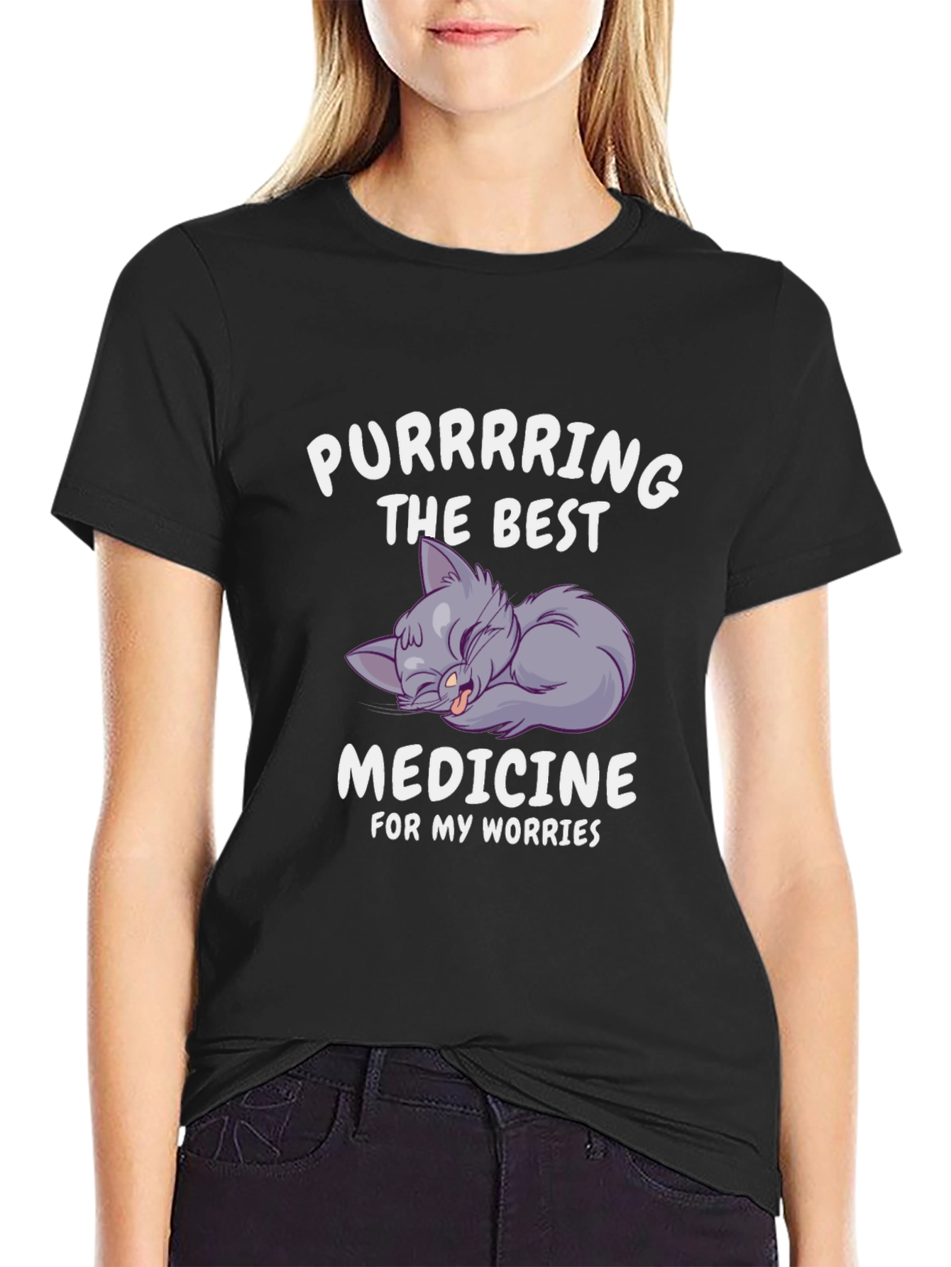 Black Purrring Cat T-Shirt - The Best Medicine For Worries view 2