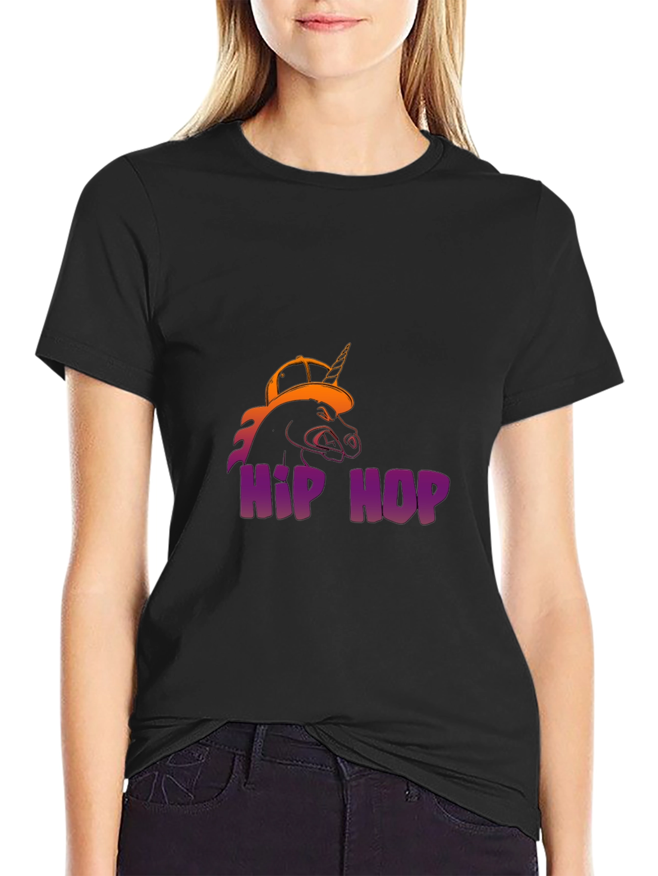 Black Hip Hop Unicorn Graphic T-Shirt view 2
