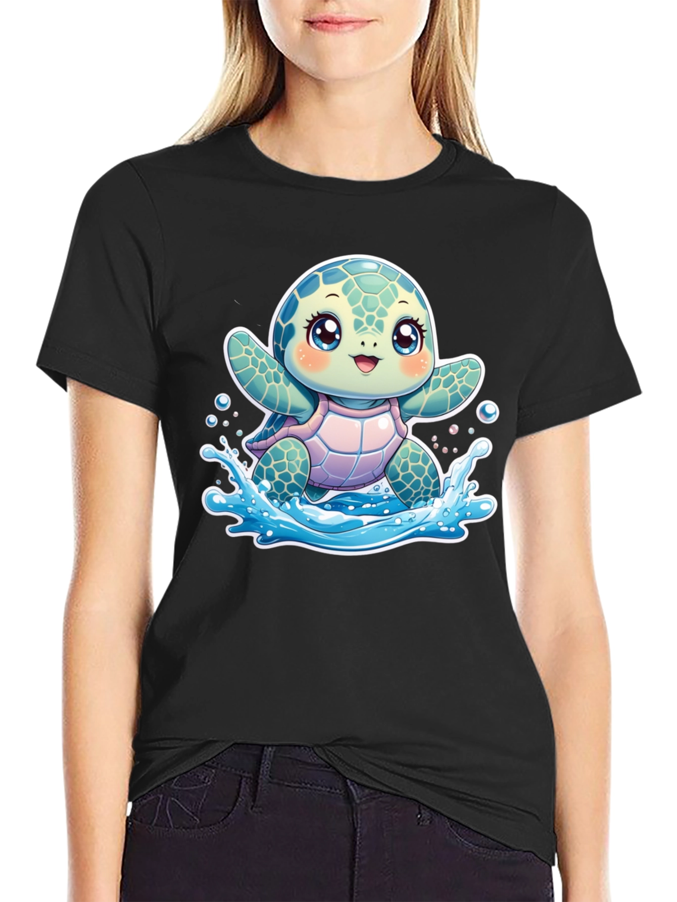 Black Cute Turtle Graphic Black T-Shirt view 2