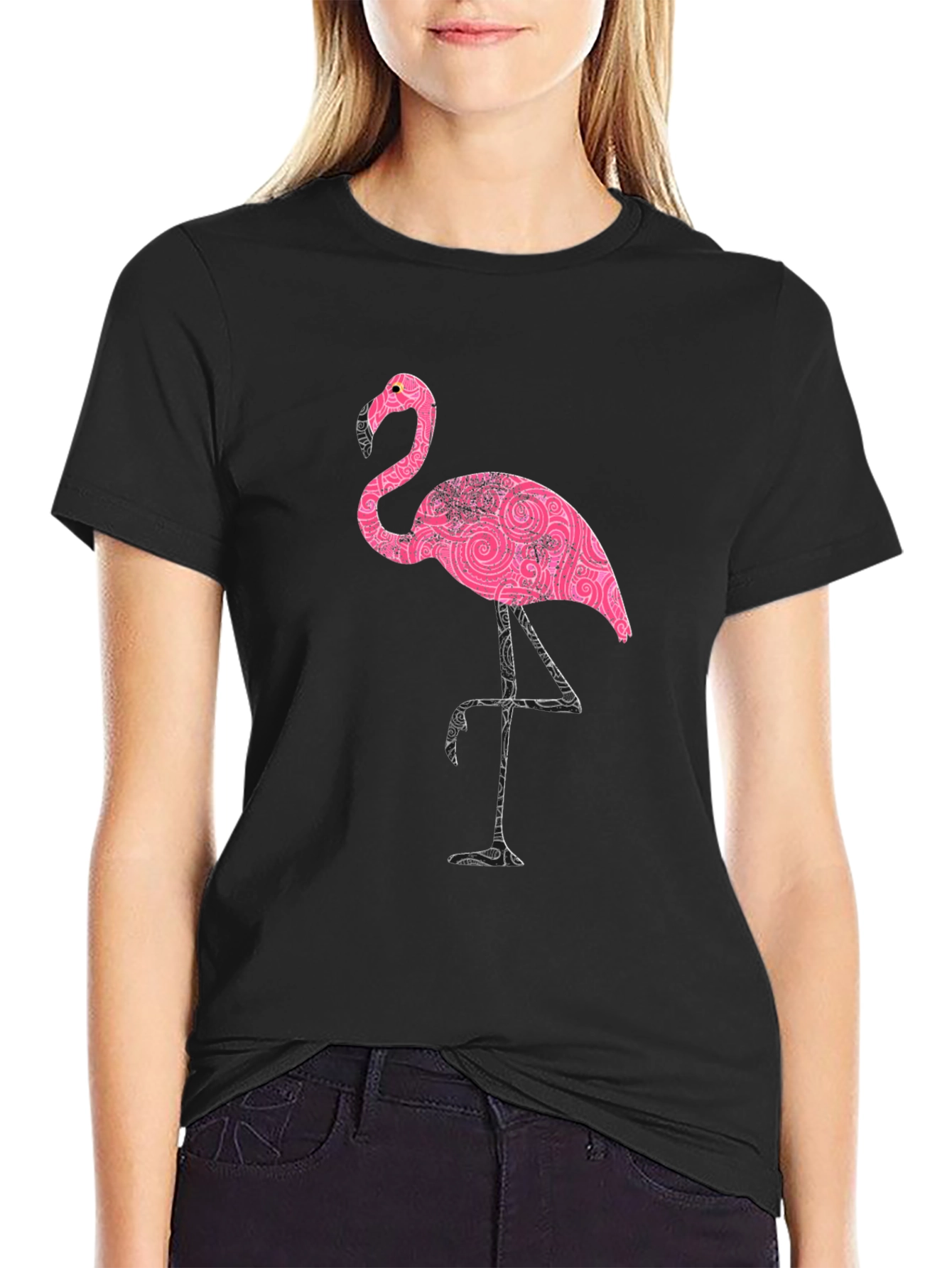 Black Pink Flamingo Print Black T-Shirt view 2