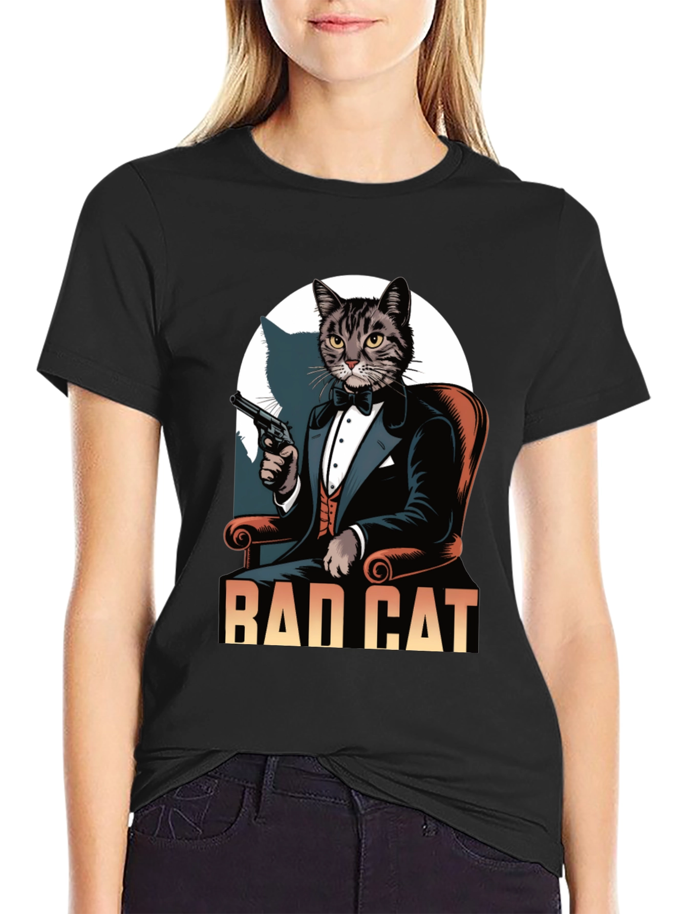 Black Bad Cat Tuxedo T-Shirt view 2