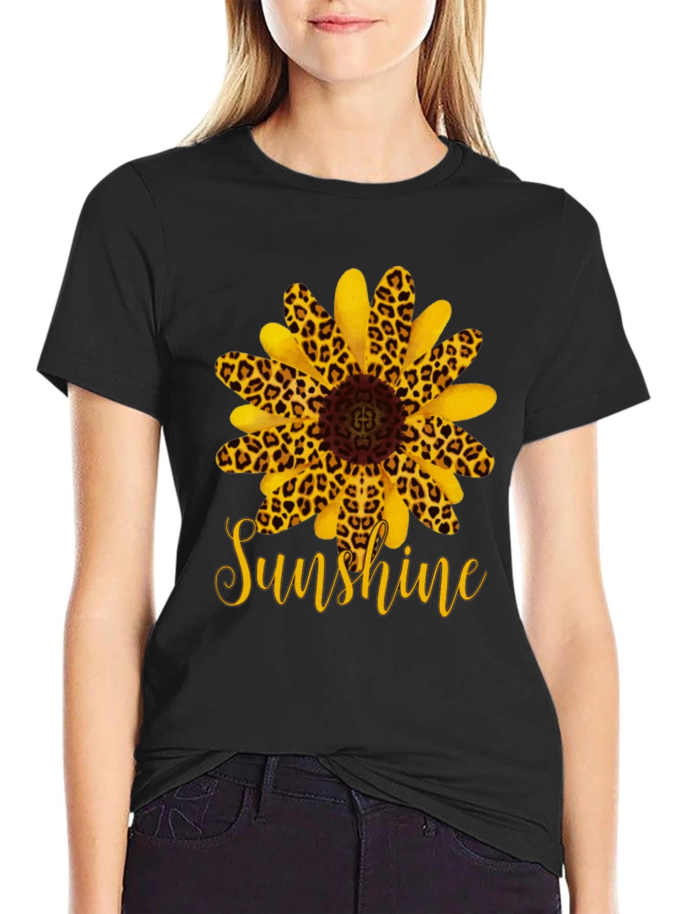 Black Leopard Sunflower 'Sunshine' Black T-Shirt view 2
