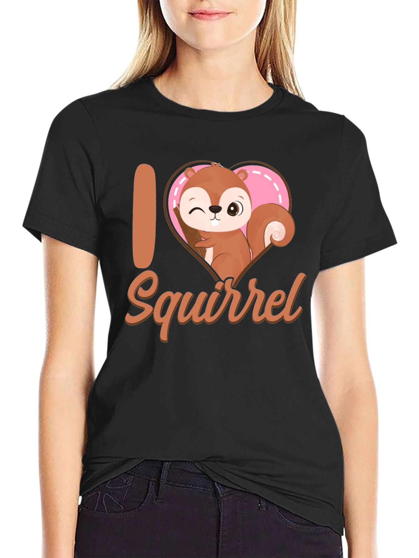 Black I Heart Squirrel T-Shirt Cute Cartoon Tee view 2