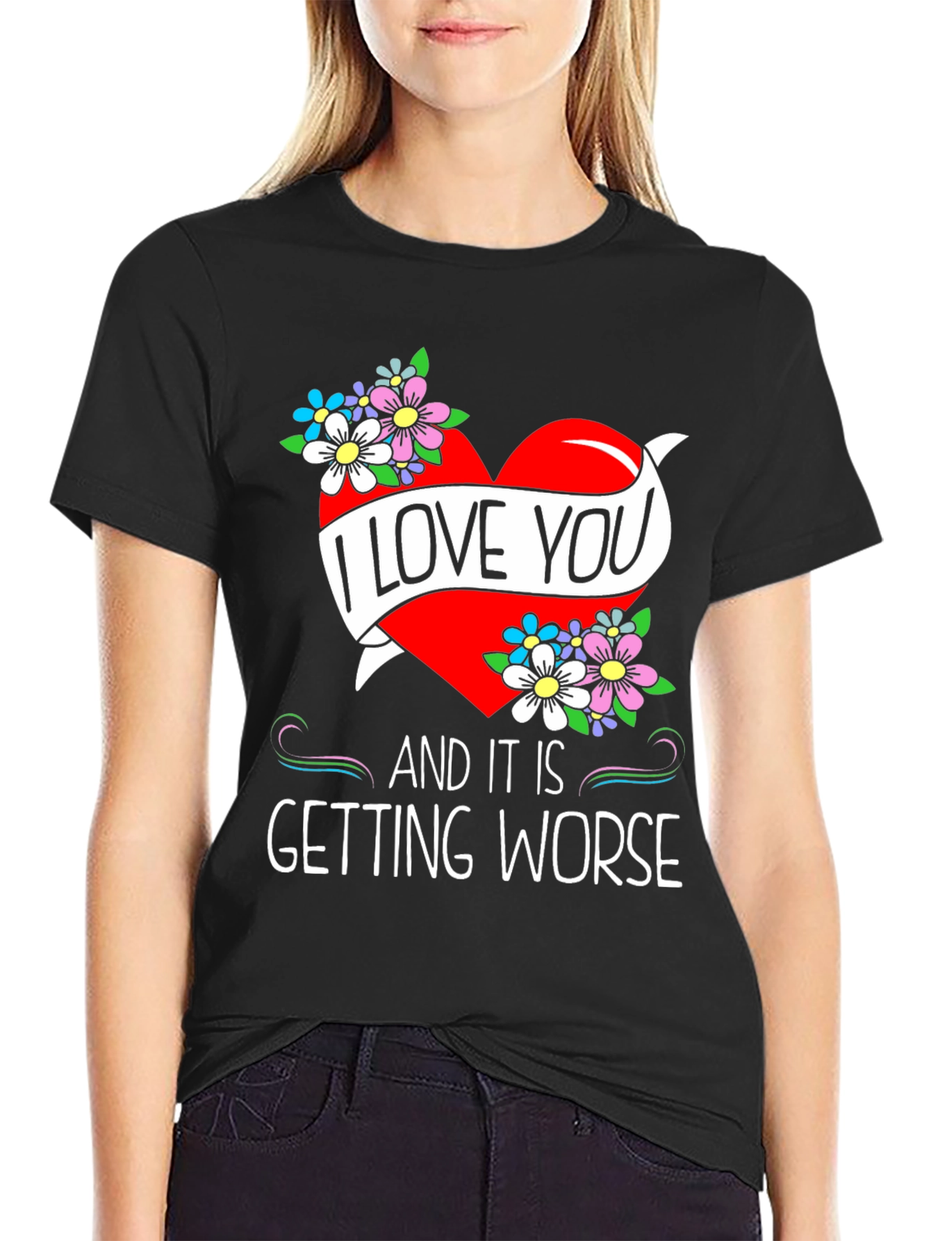 Black I Love You Graphic Tee - Novelty Heart & Flowers Design view 2