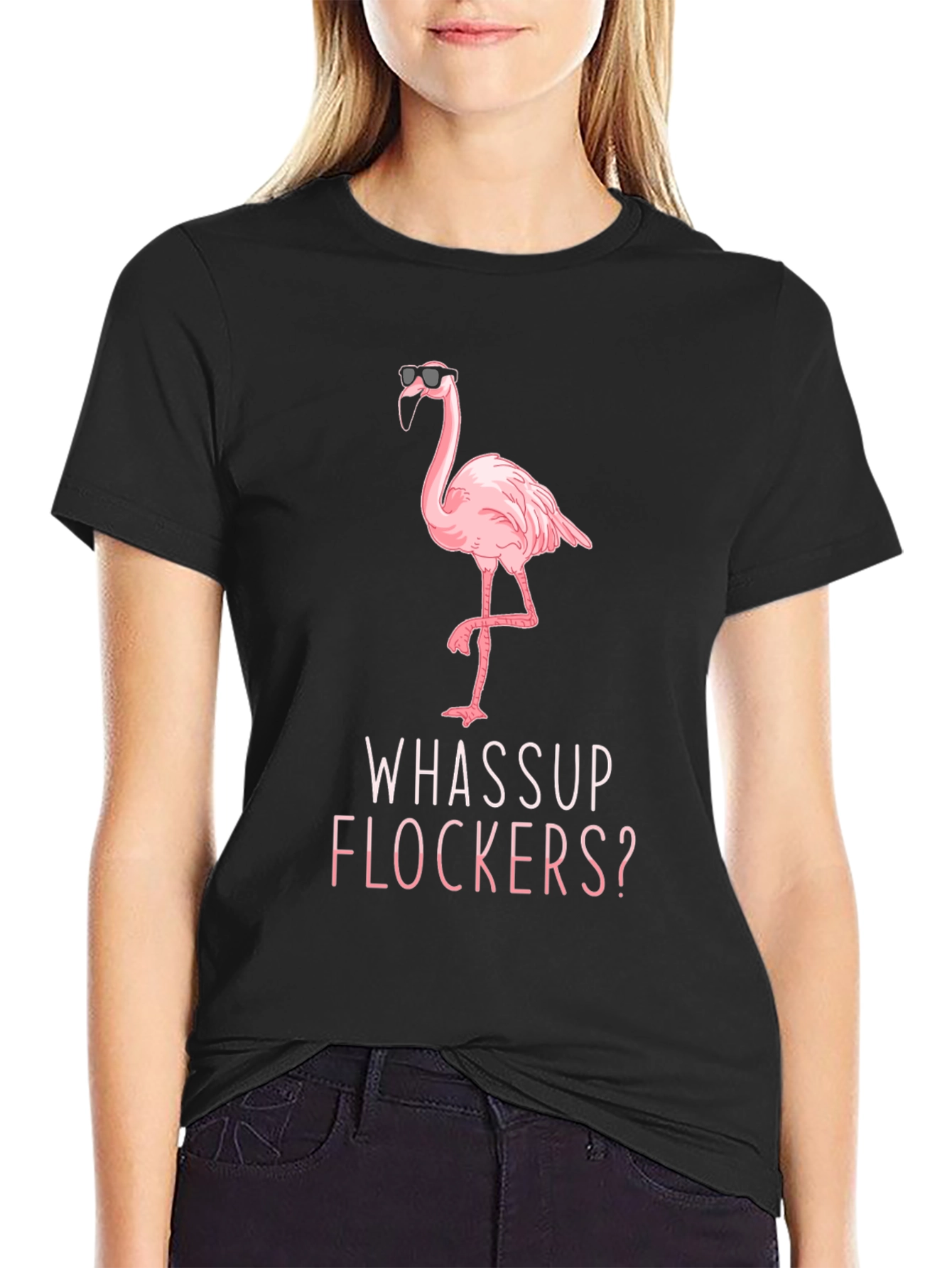 Black Whassup Flockers? Flamingo T-Shirt - Cool & Funny view 2