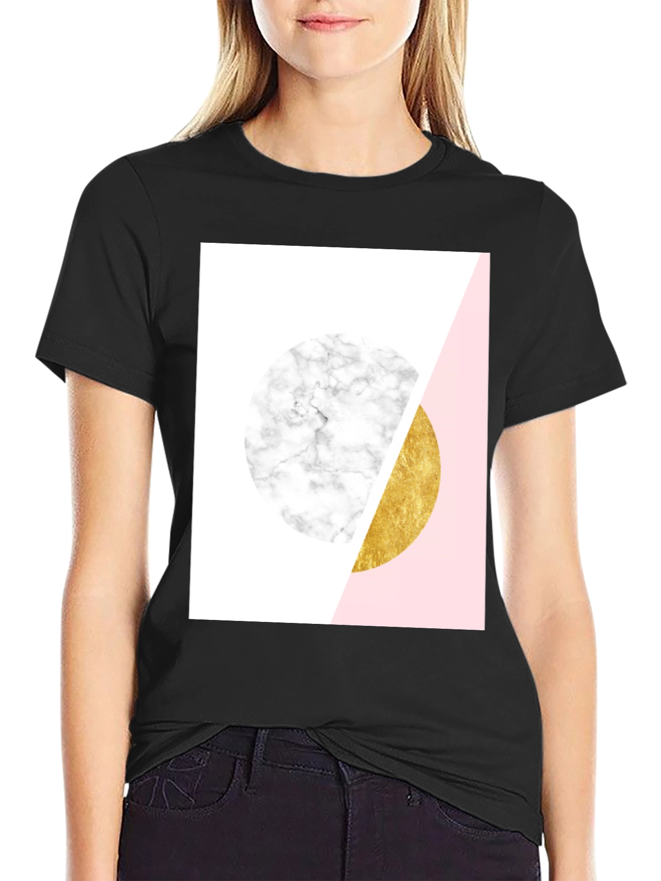Black Geometric Marble and Gold Circle T-Shirt view 2