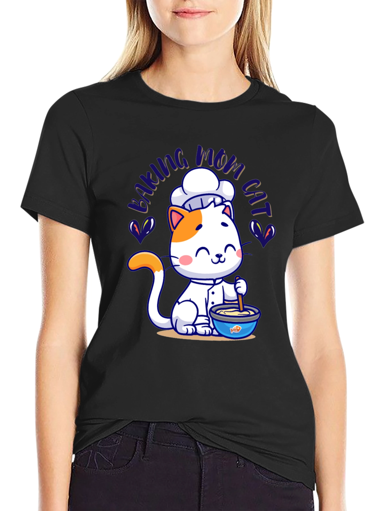 Black Baking Mom Cat T-Shirt - Cute Chef Kitten Design view 2