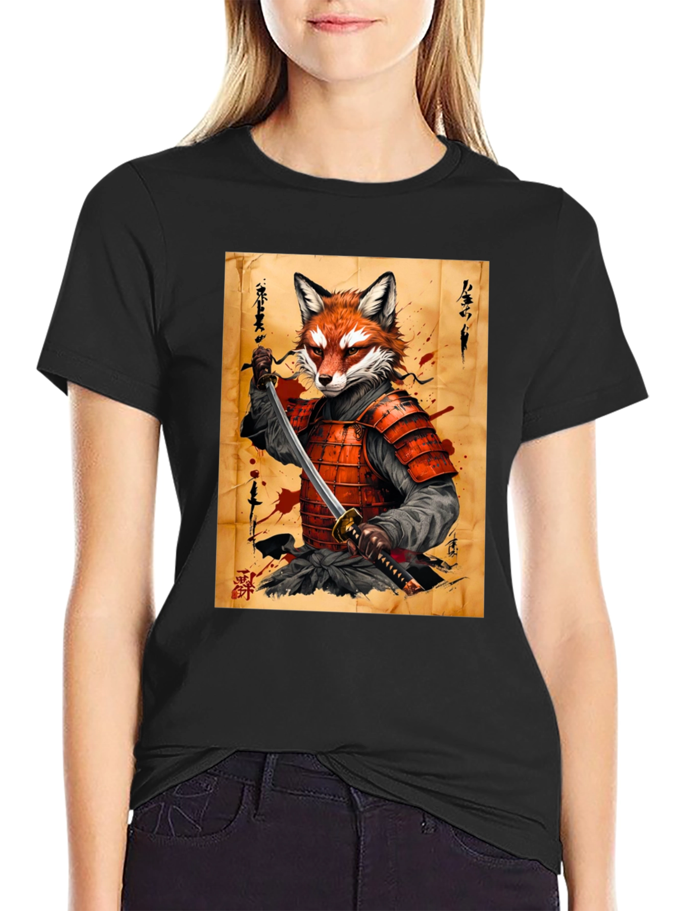 Black Fox Samurai Graphic T-Shirt - Unique Design view 2
