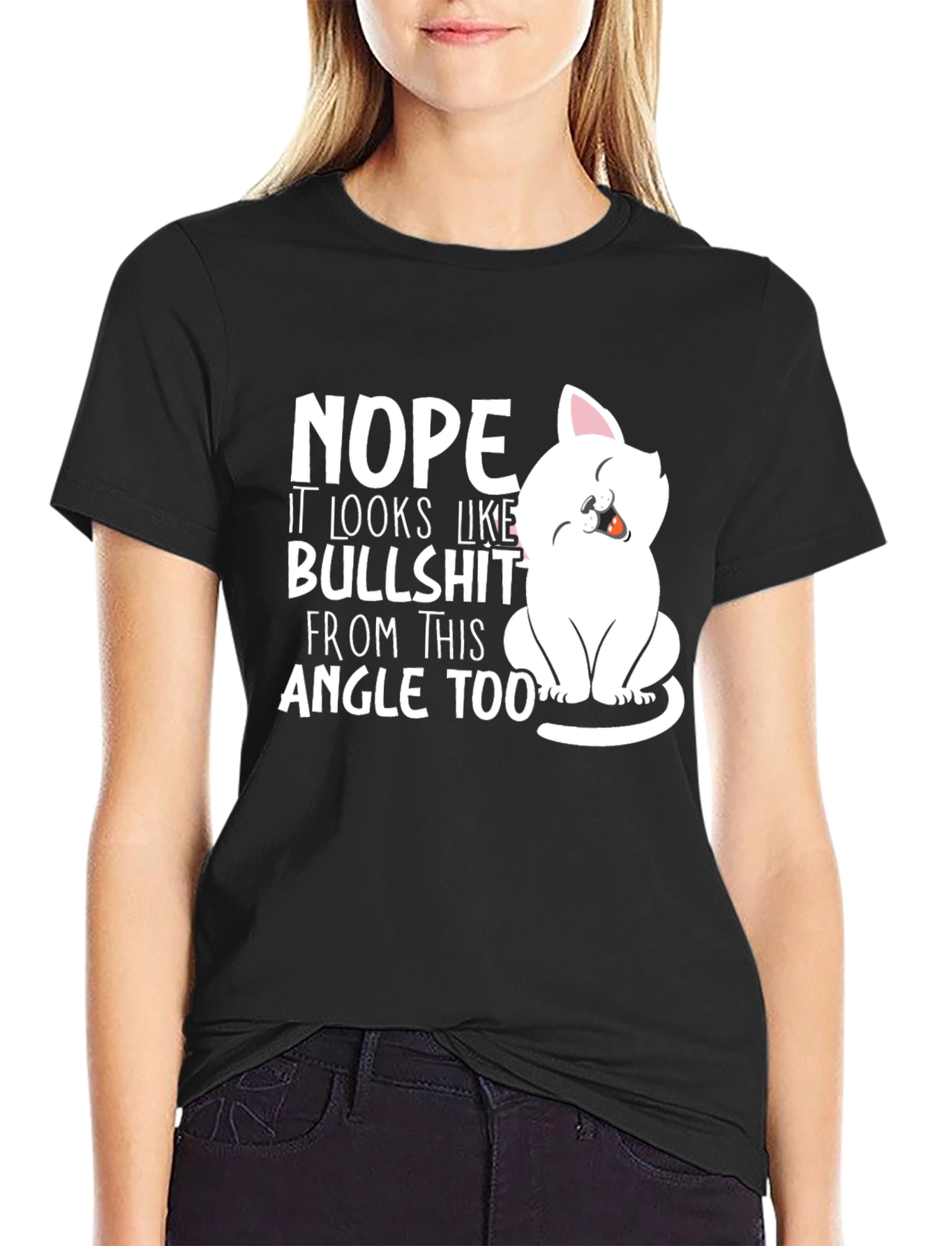 Black Funny Cat Graphic T-Shirt - Nope, Sarcastic Humor Tee view 2