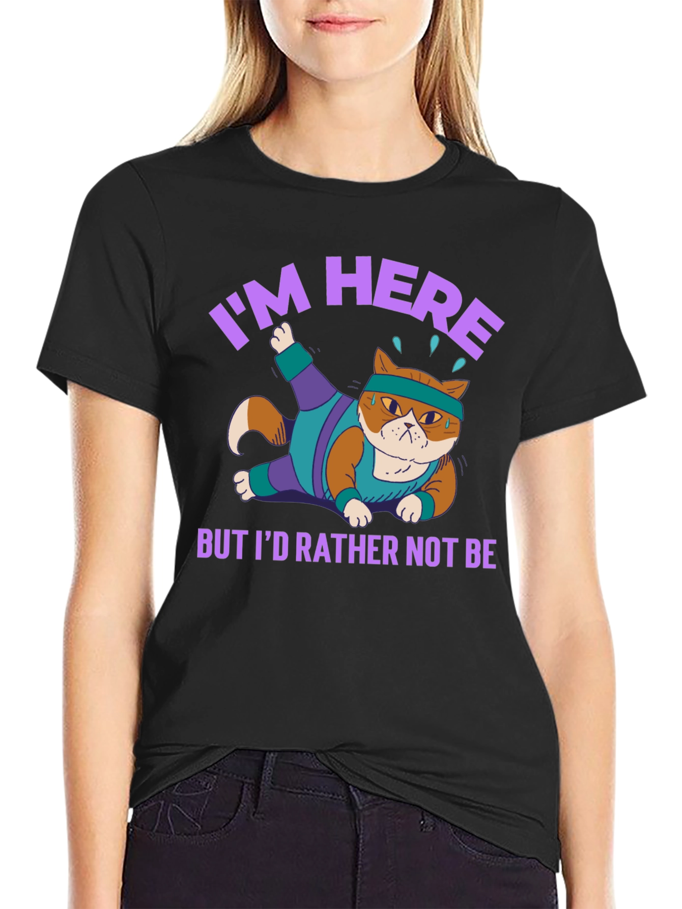Black Funny Cat Gym T-Shirt I'm Here But I'd Rather Not Be view 2