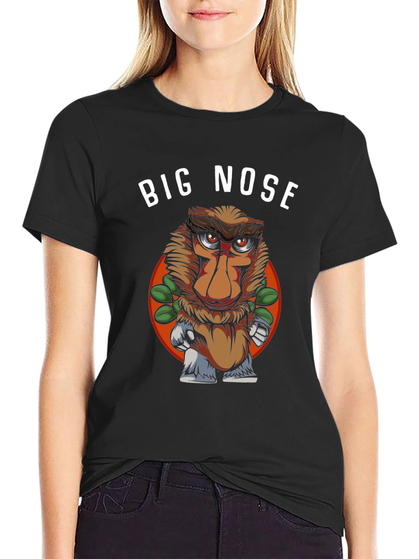 Black Big Nose Monkey Graphic T-Shirt - Unique Humor Tee view 2