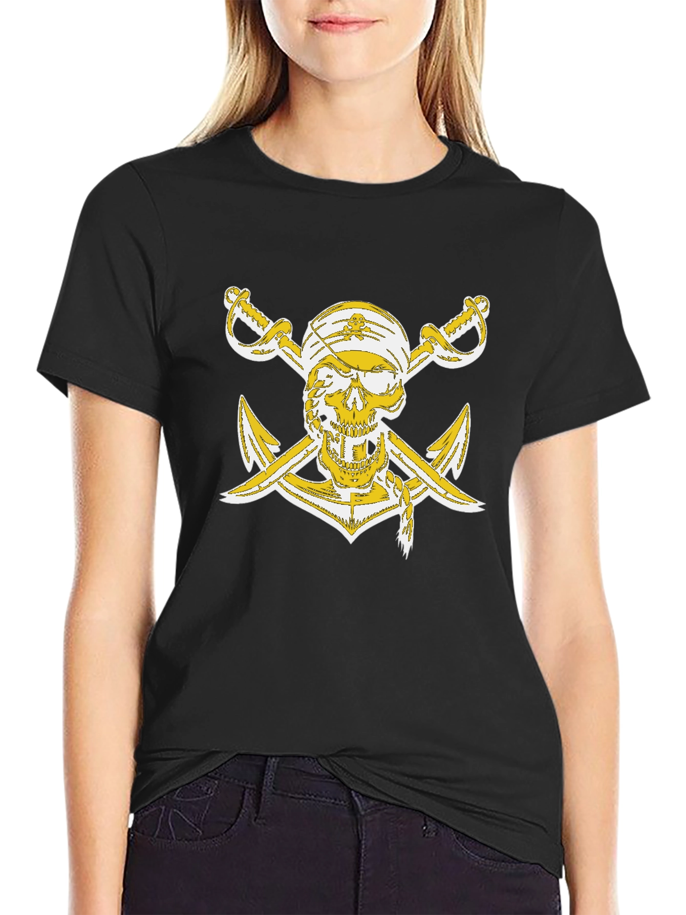 Black Pirate Skull Anchor Graphic T-Shirt view 2