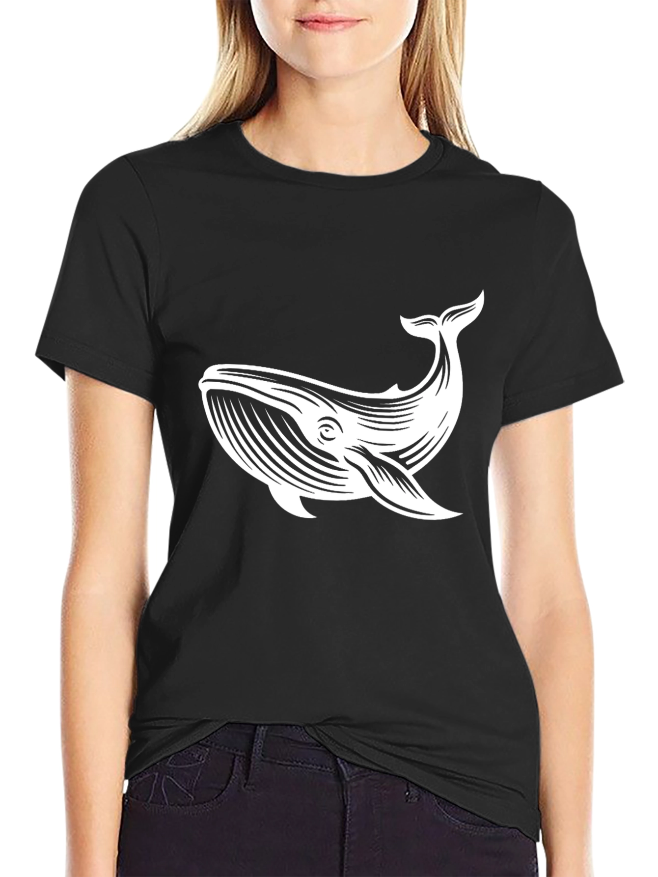 Black Whale Graphic Tee - Black Cotton Blend Casual T-Shirt view 2