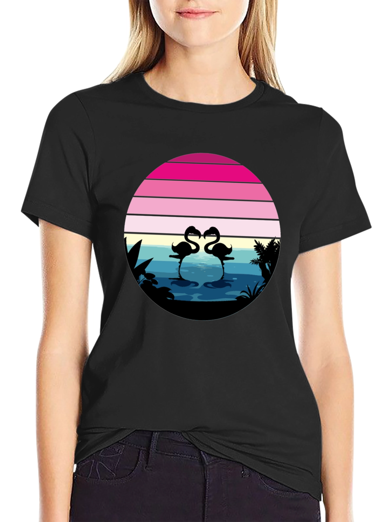 Black Retro Flamingo Sunset Graphic Tee view 2