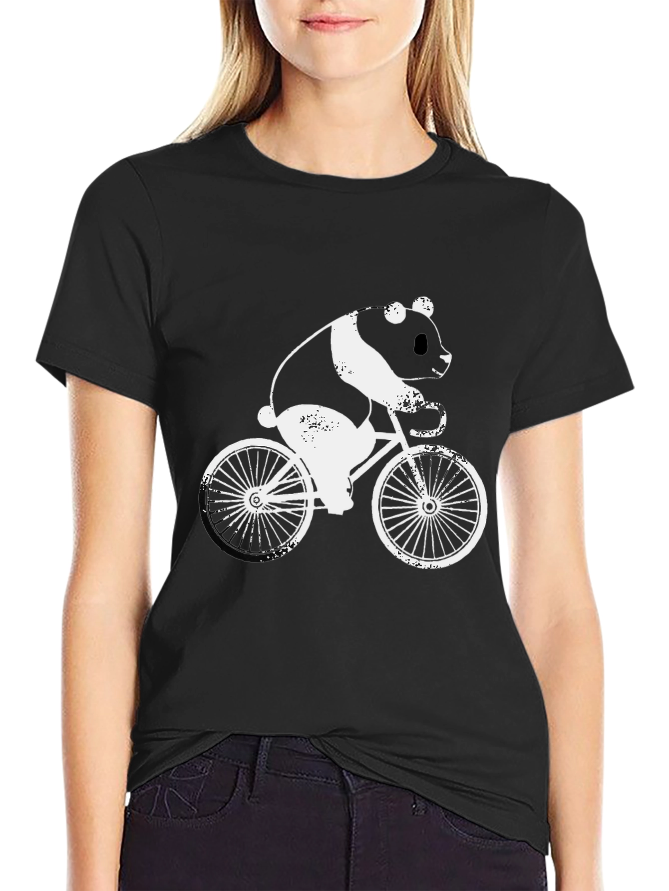 Black Panda on Bike Graphic Tee - Black Cotton T-Shirt view 2