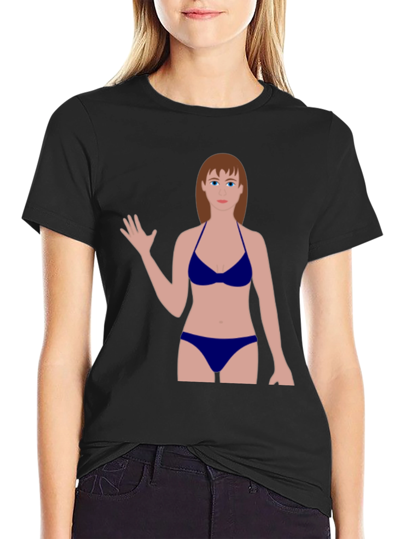 Black Novelty Graphic Tee - Cartoon Woman Swimsuit Design view 2