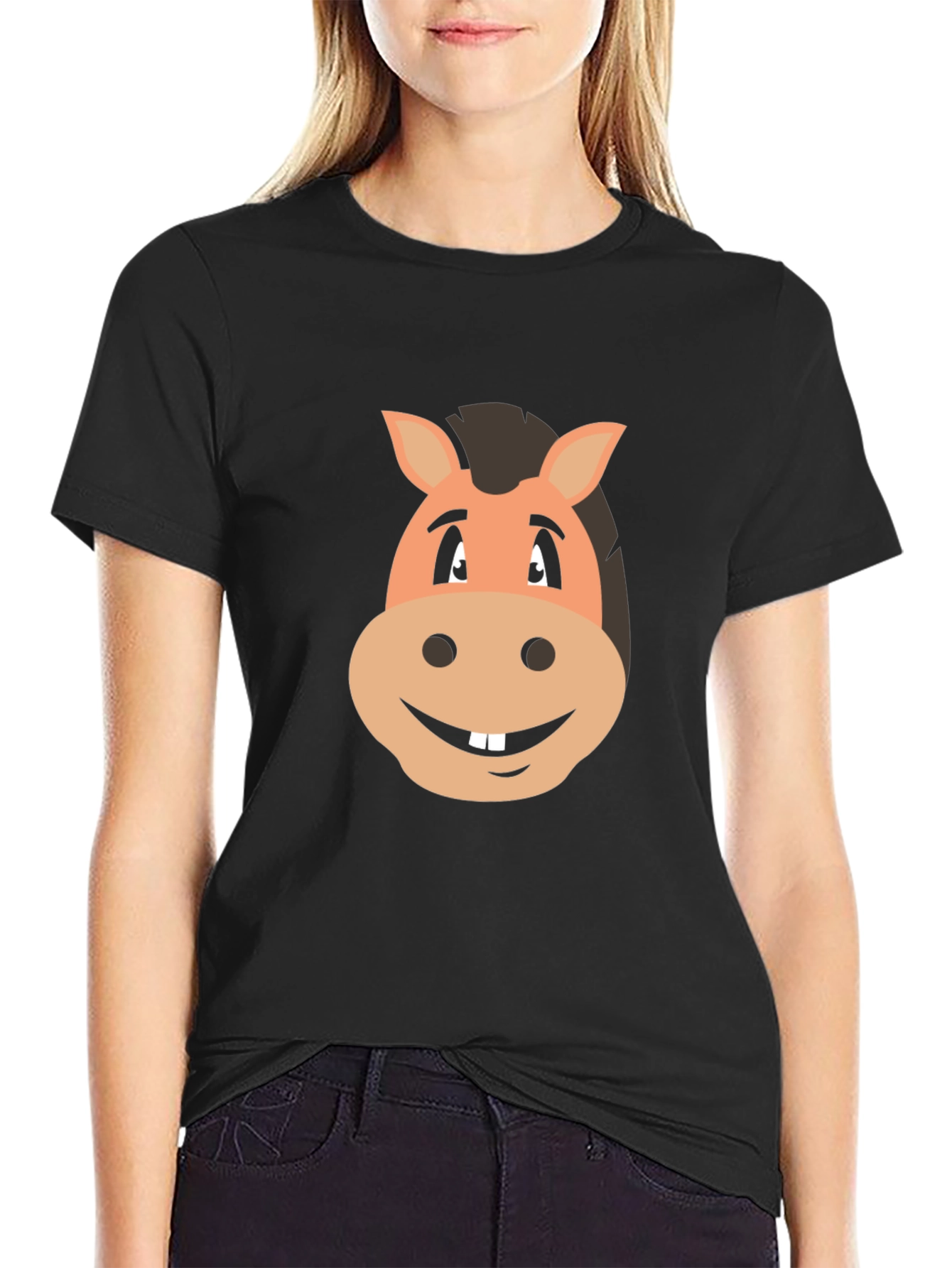 Black Funny Horse Cartoon Graphic Tee view 2