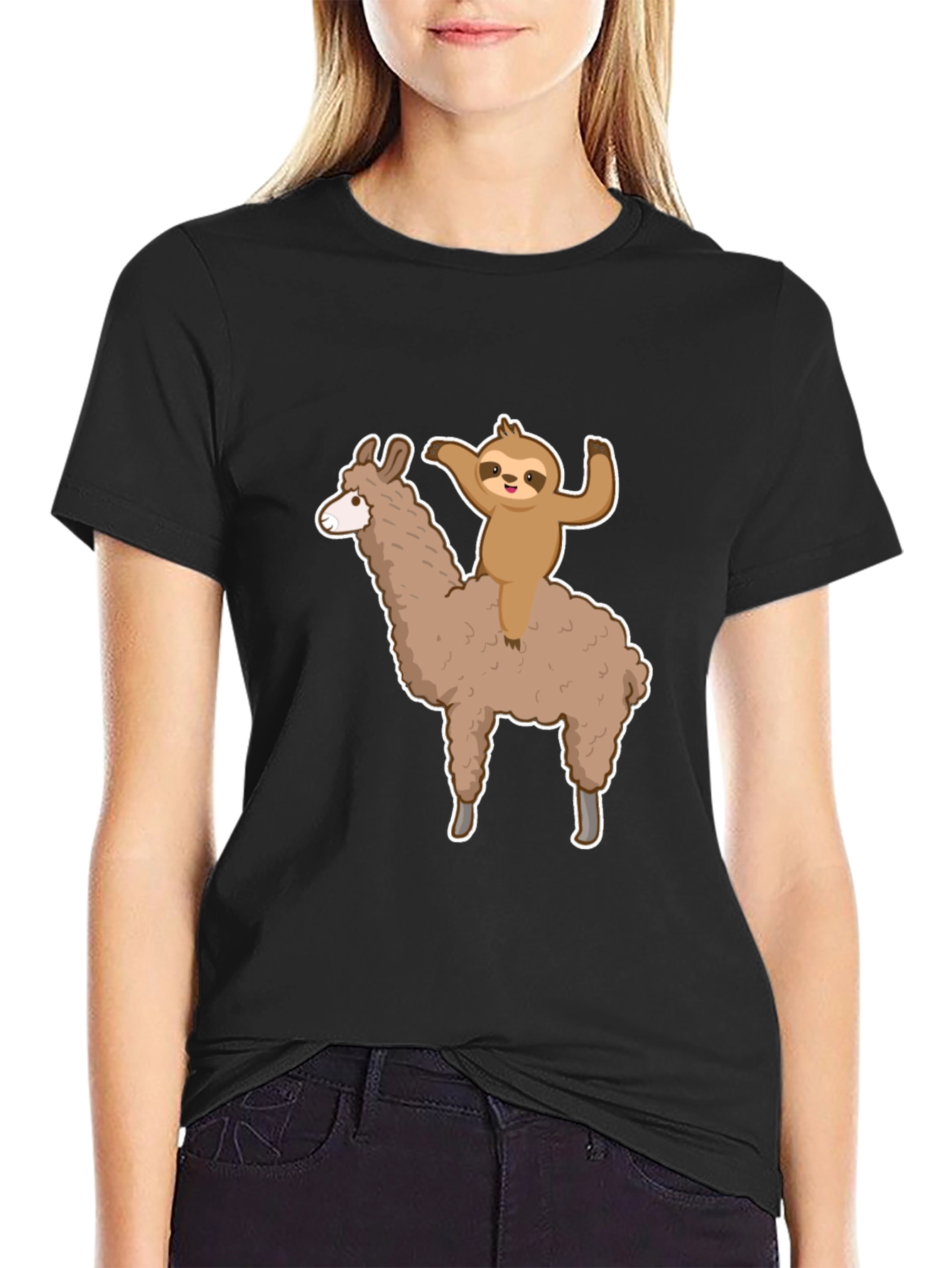 Black Sloth Riding Llama Graphic Tee - Men's Black T-Shirt view 2