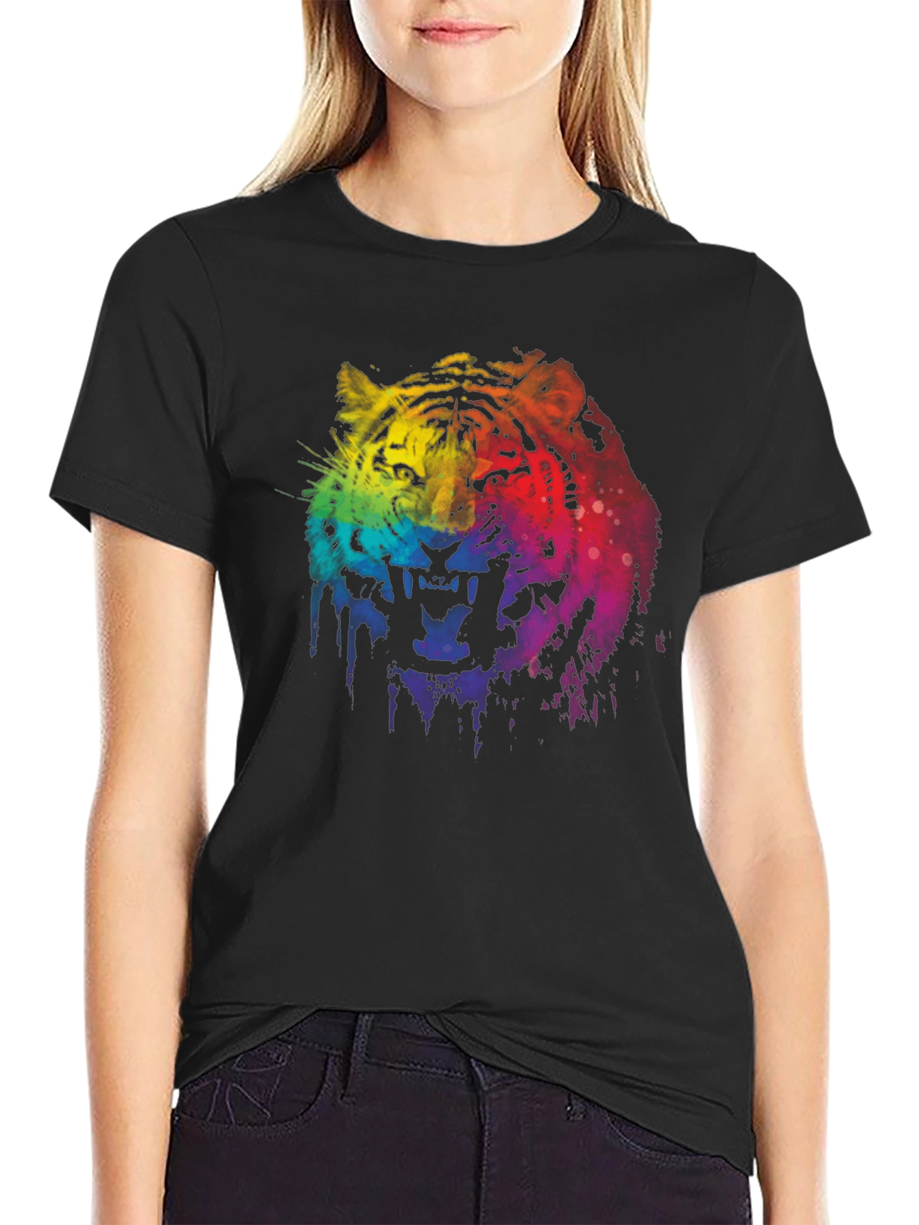 Black Rainbow Tiger Graphic Print Black T-Shirt view 2