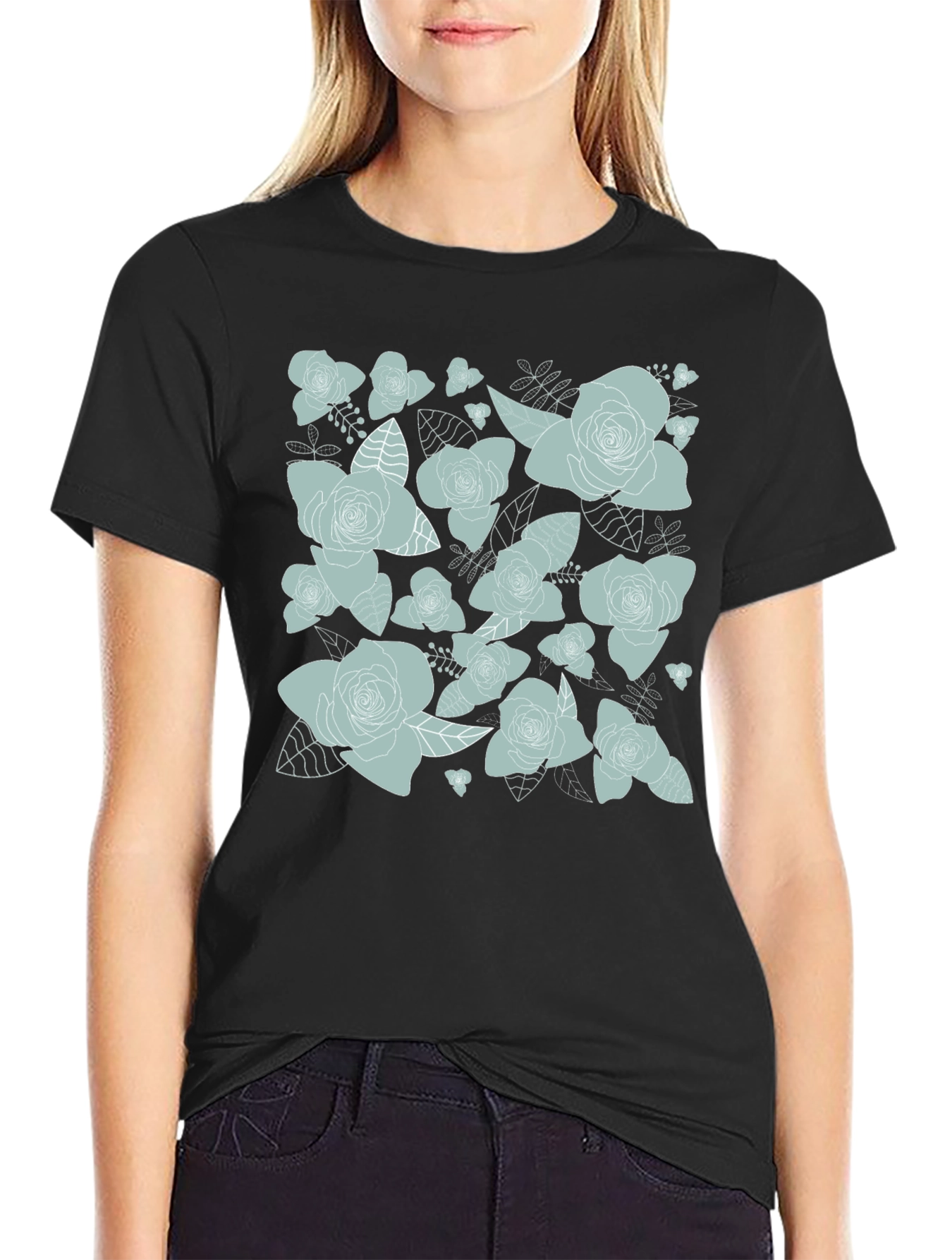 Black Floral Rose Print T-Shirt - Black view 2