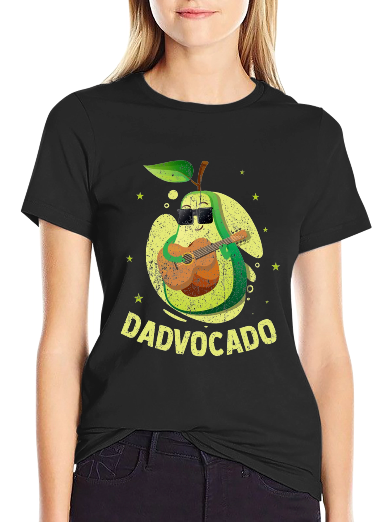 Black Dad-vocado T-Shirt: Avocado Playing Guitar - Fathers Day Tee view 2