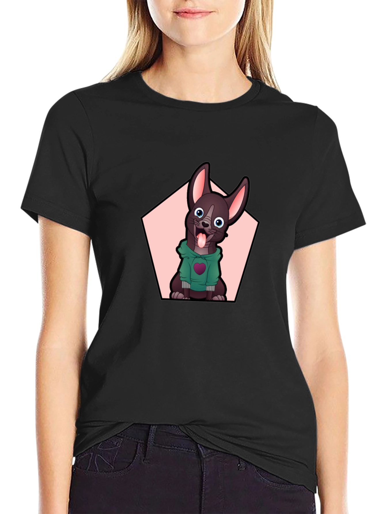 Black Cartoon Dog Graphic Tee - Black Cotton Blend view 2