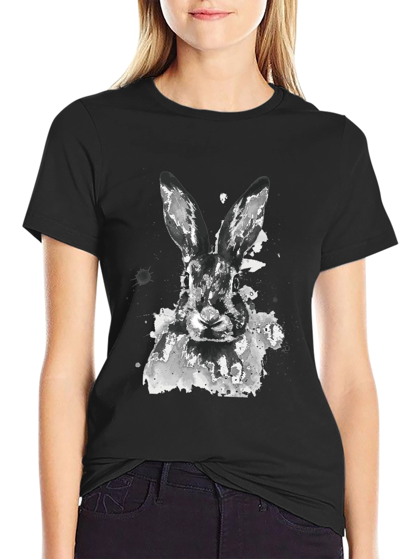 Black Rabbit Watercolor Graphic Tee - Casual Black T-Shirt view 2
