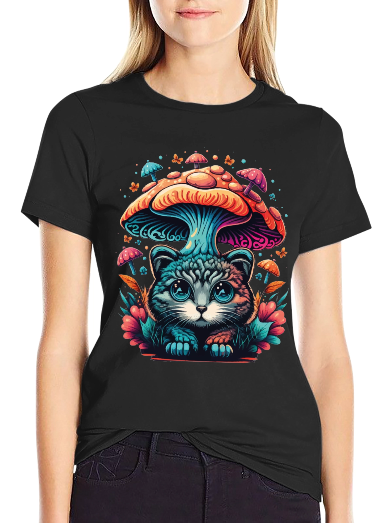 Black Mushroom Cat T-Shirt - Unique Graphic Tee view 2