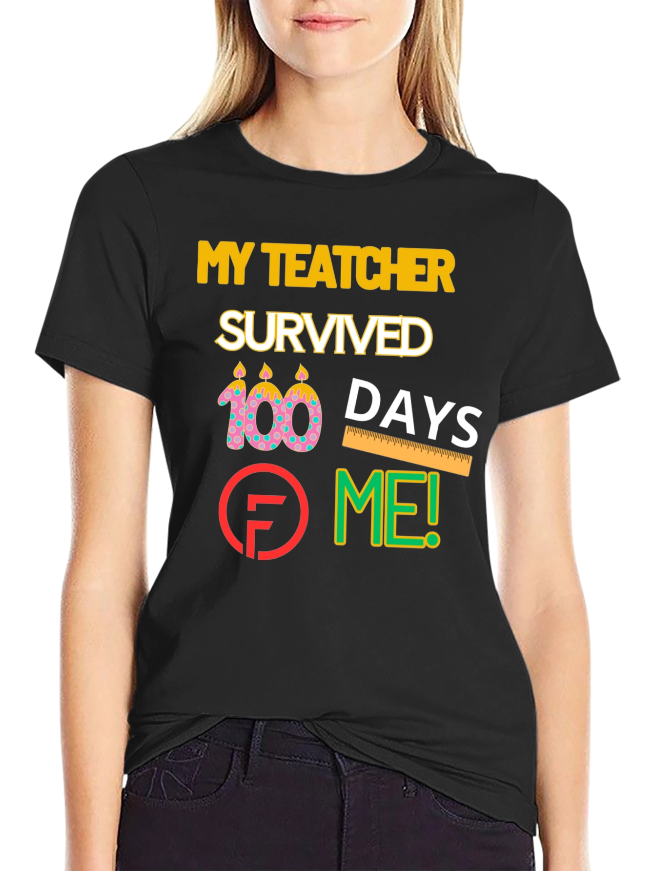 Black My Teacher Survived 100 Days Graphic T-Shirt view 2