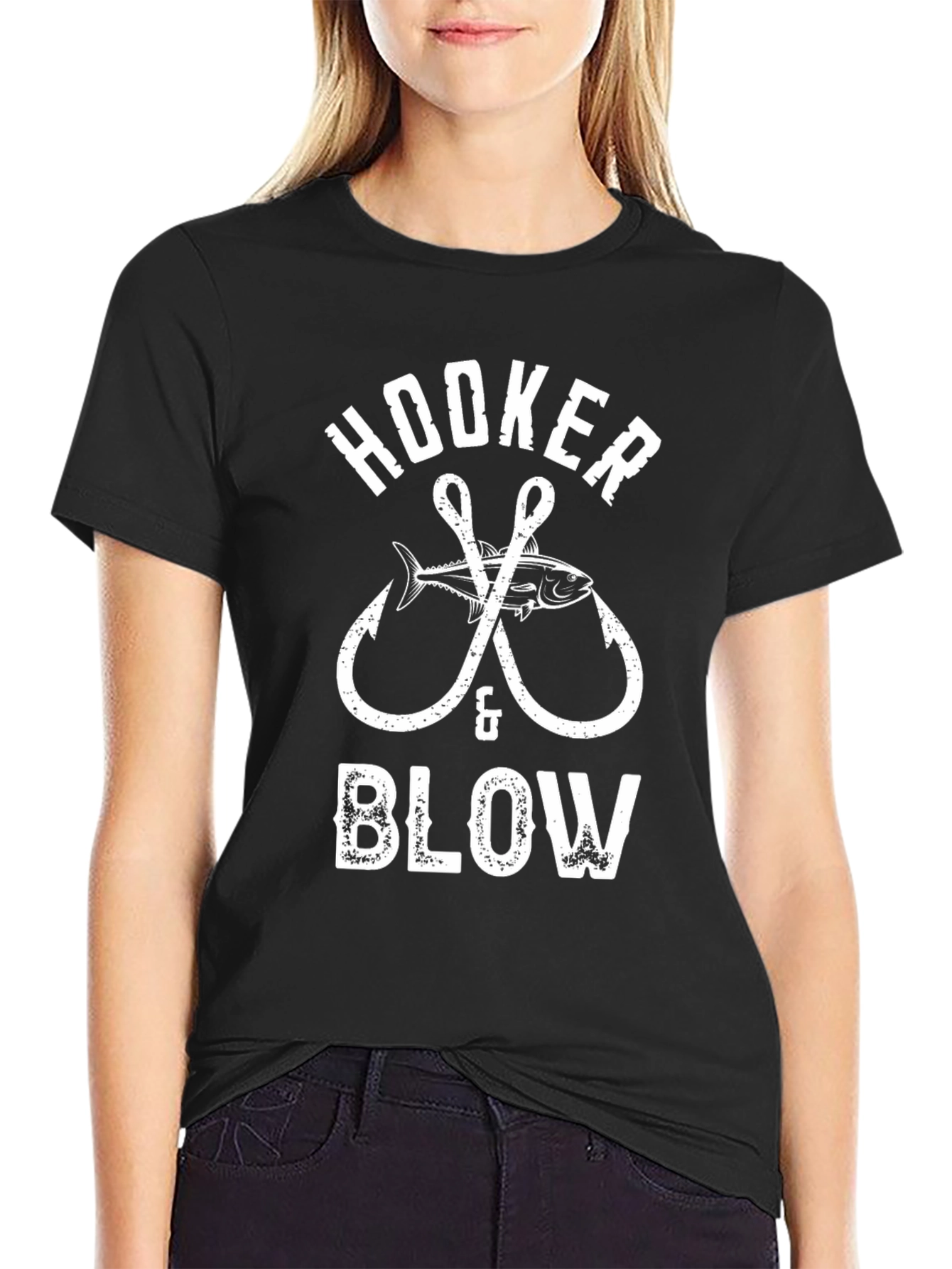 Black Hooker & Blow Funny Fishing T-Shirt - Black view 2