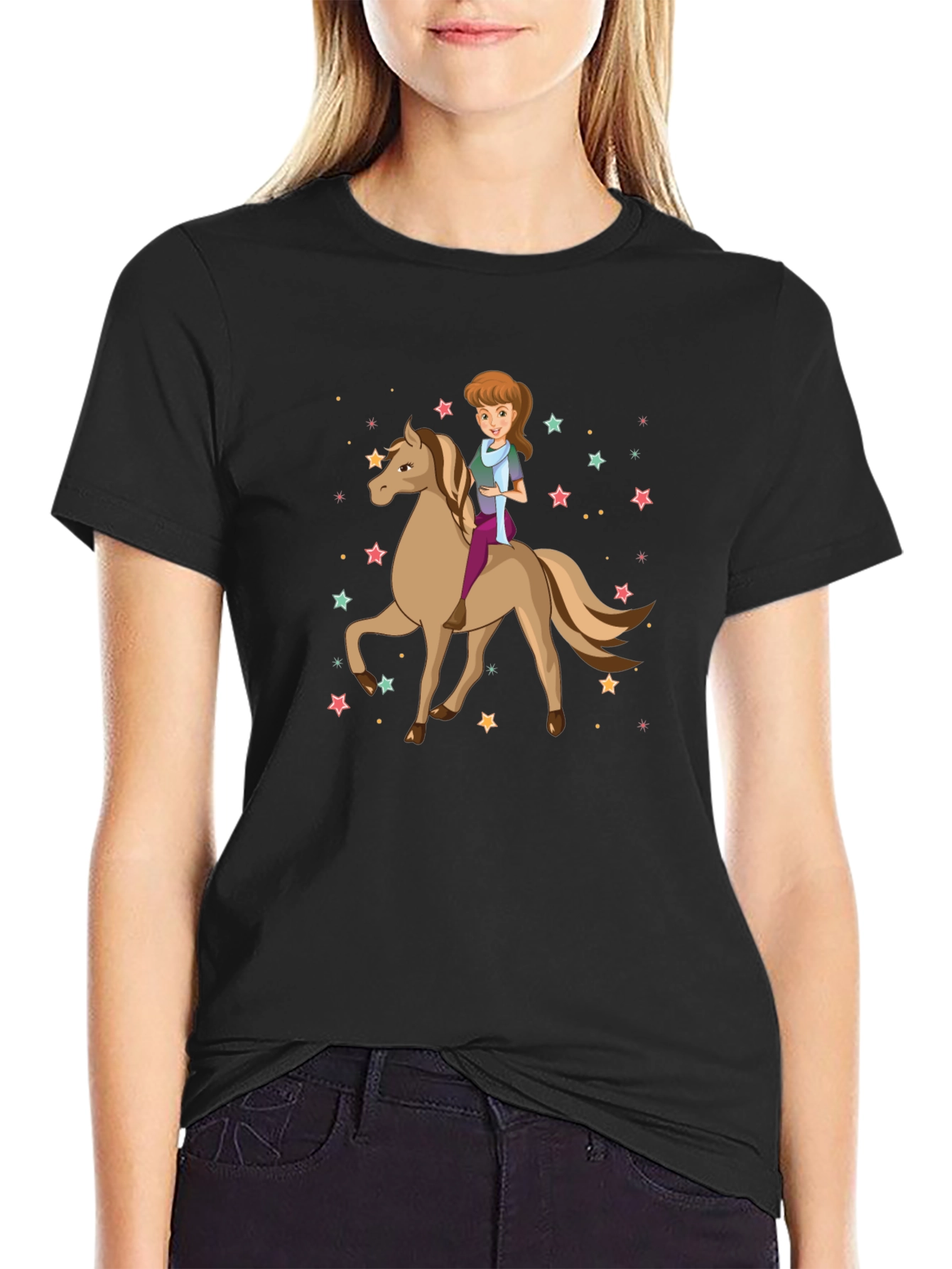 Black Girl Riding Horse Stars T-Shirt view 2