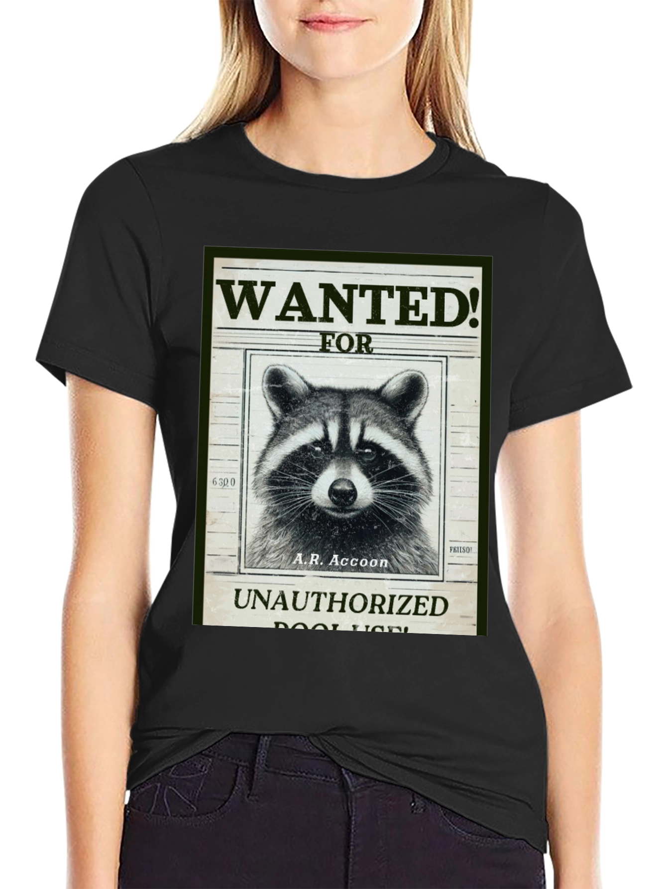 Black Raccoon Wanted T-Shirt - A.R. Accoon - Funny Graphic Tee view 2