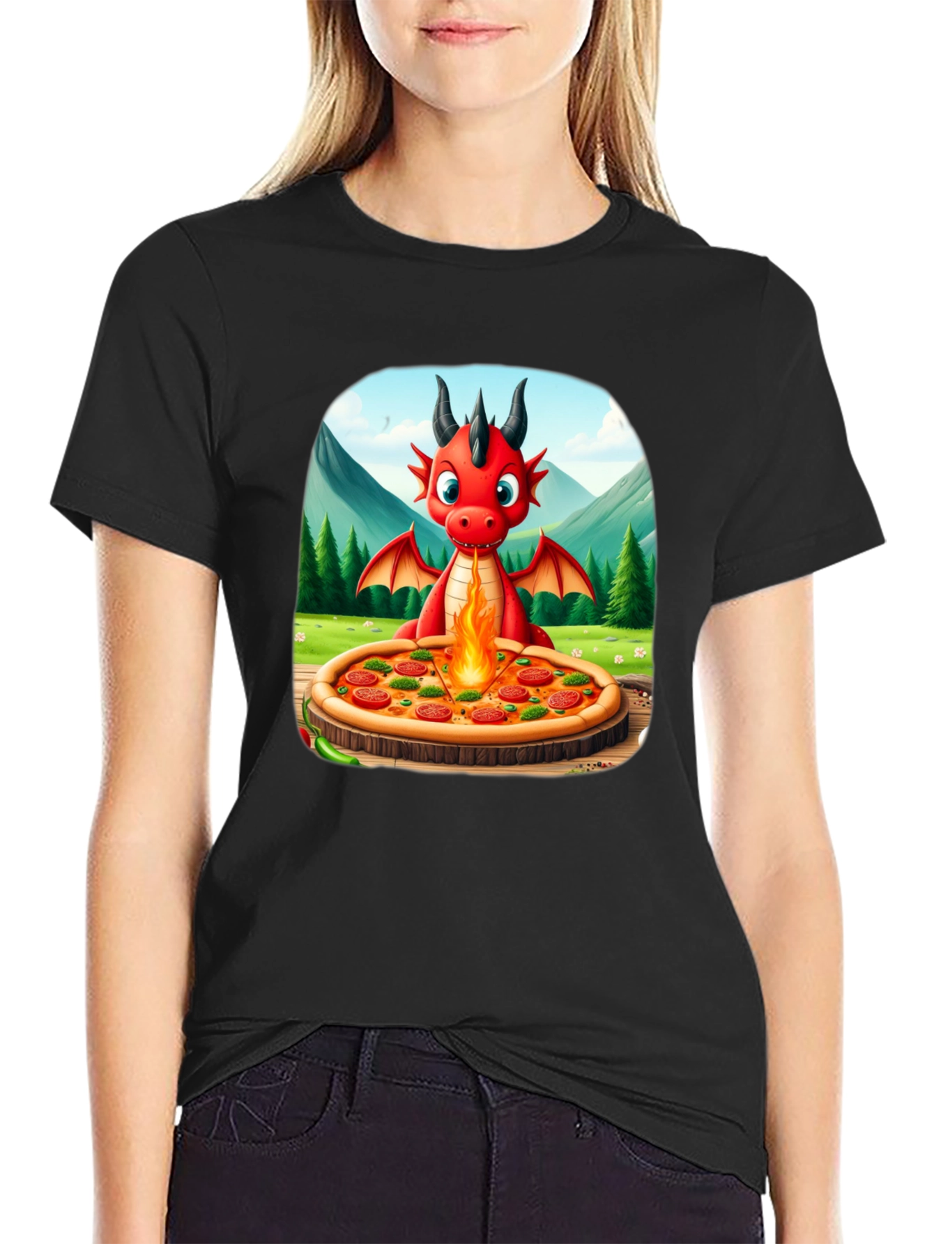Black Dragon Pizza T-Shirt - Fun Graphic Tee view 2