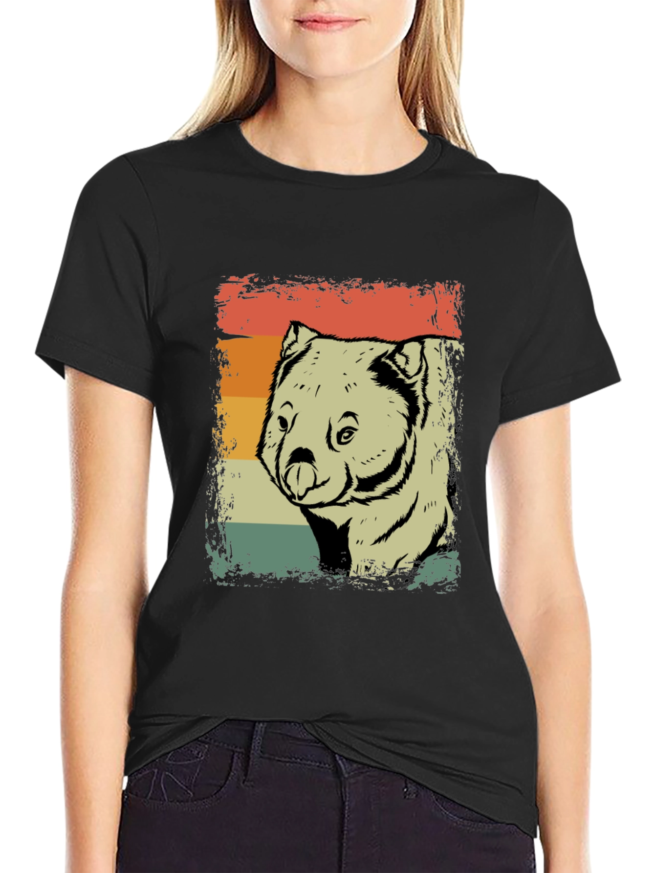 Black Retro Wombat T-Shirt - Distressed Vintage Style view 2