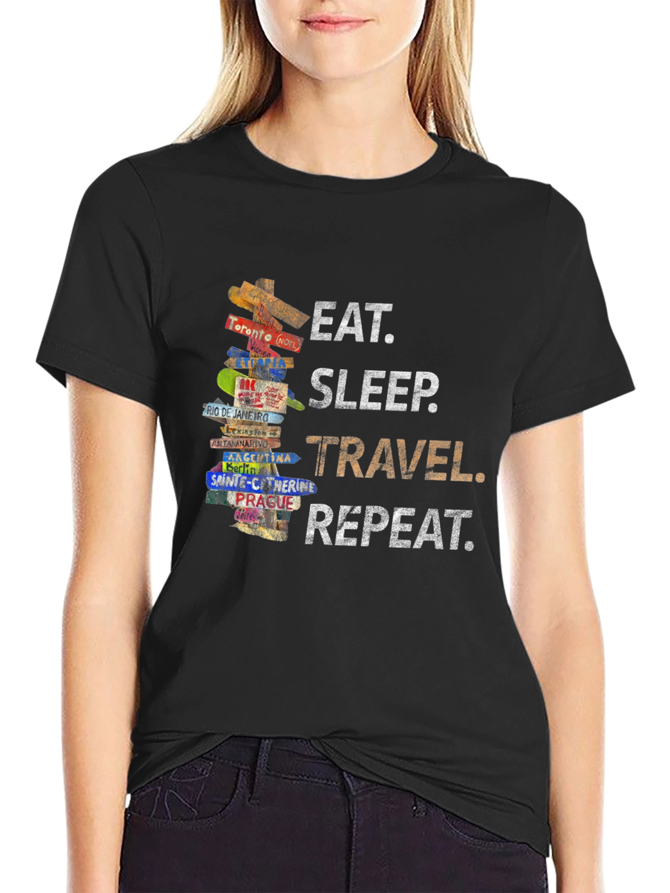 Black Eat Sleep Travel Repeat T-Shirt - Wanderlust Tee view 2