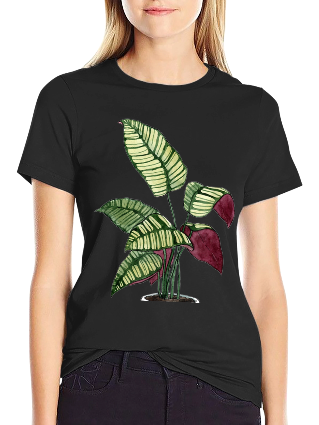 Black Botanical Print Tee - Black Cotton T-Shirt view 2