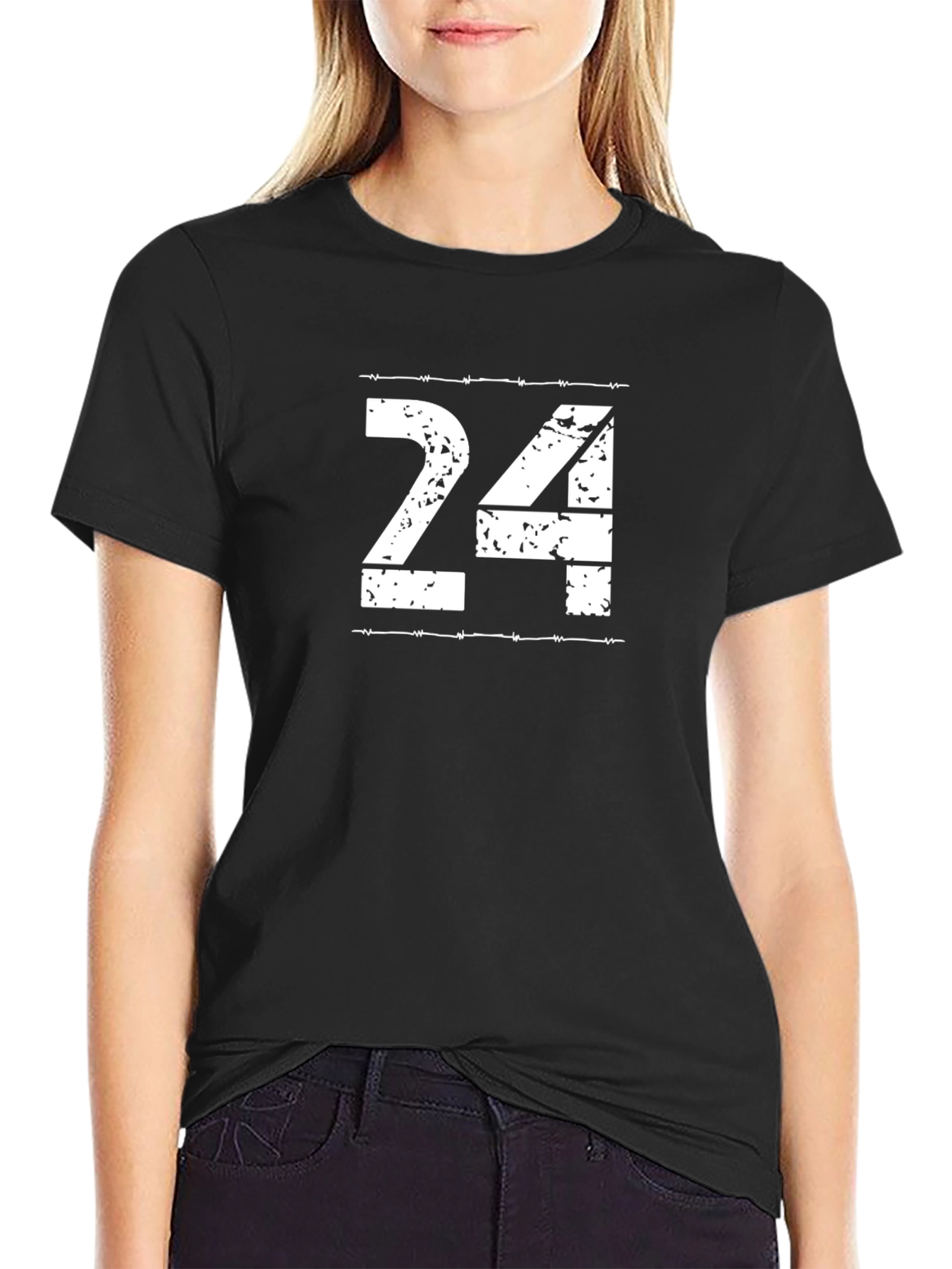 Black Graphic Tee: White "24" Design on Black T-Shirt view 2