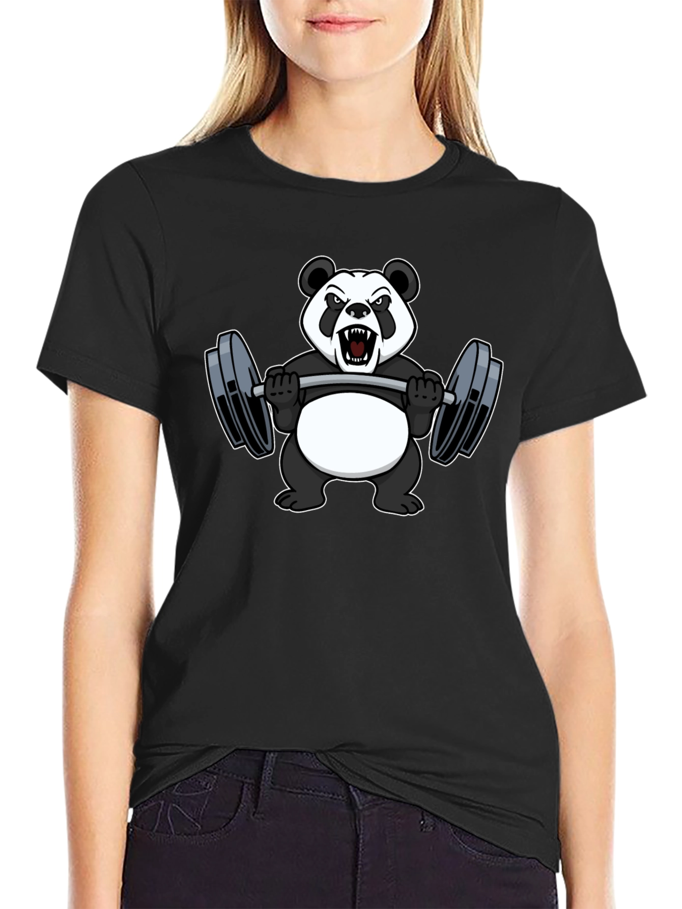Black Panda Lifting Weights Graphic Tee - Black Cotton T-Shirt view 2